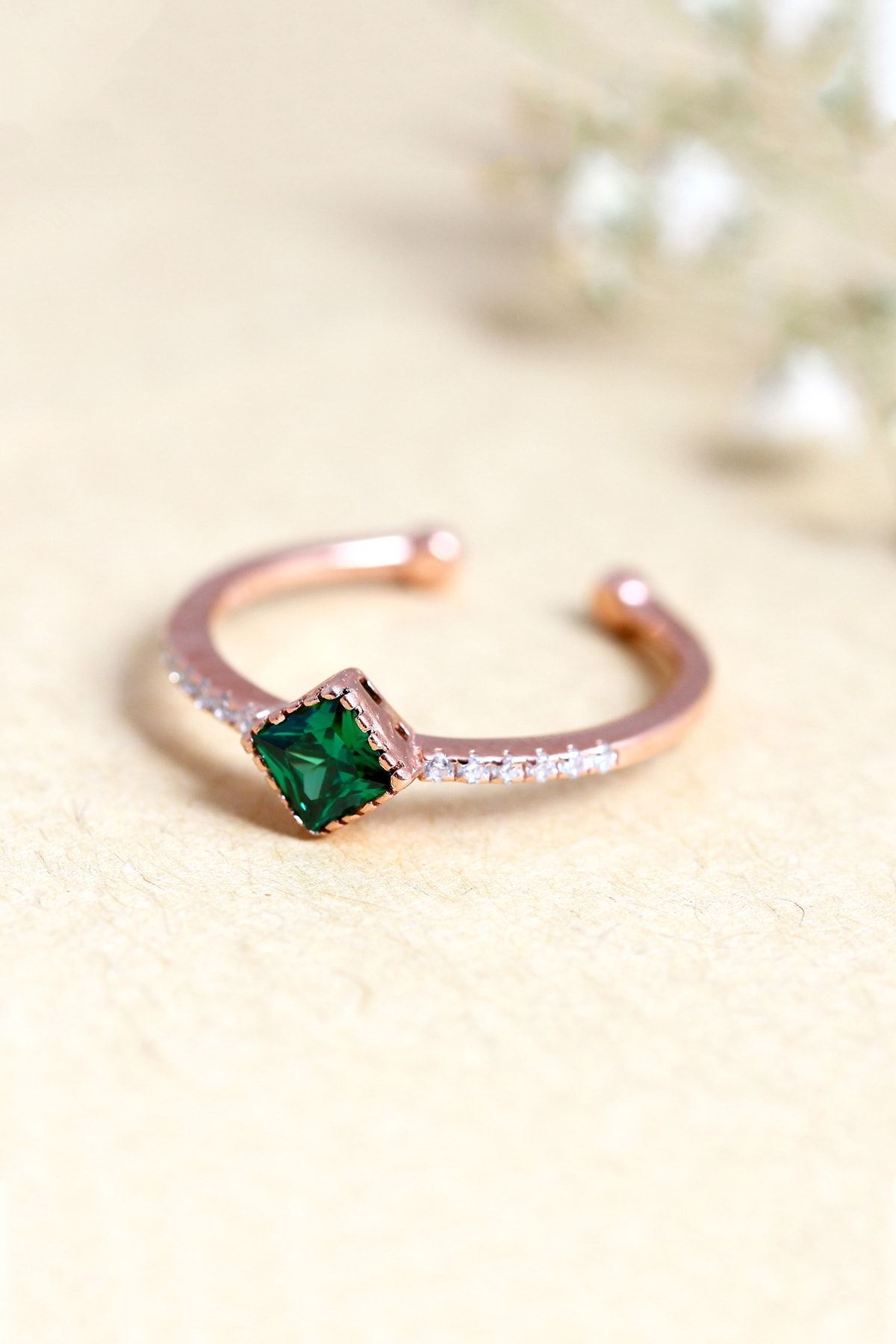 Woman Rose Emerald Stone Square Minimally Adjustable 14 K Gold Plated Ring