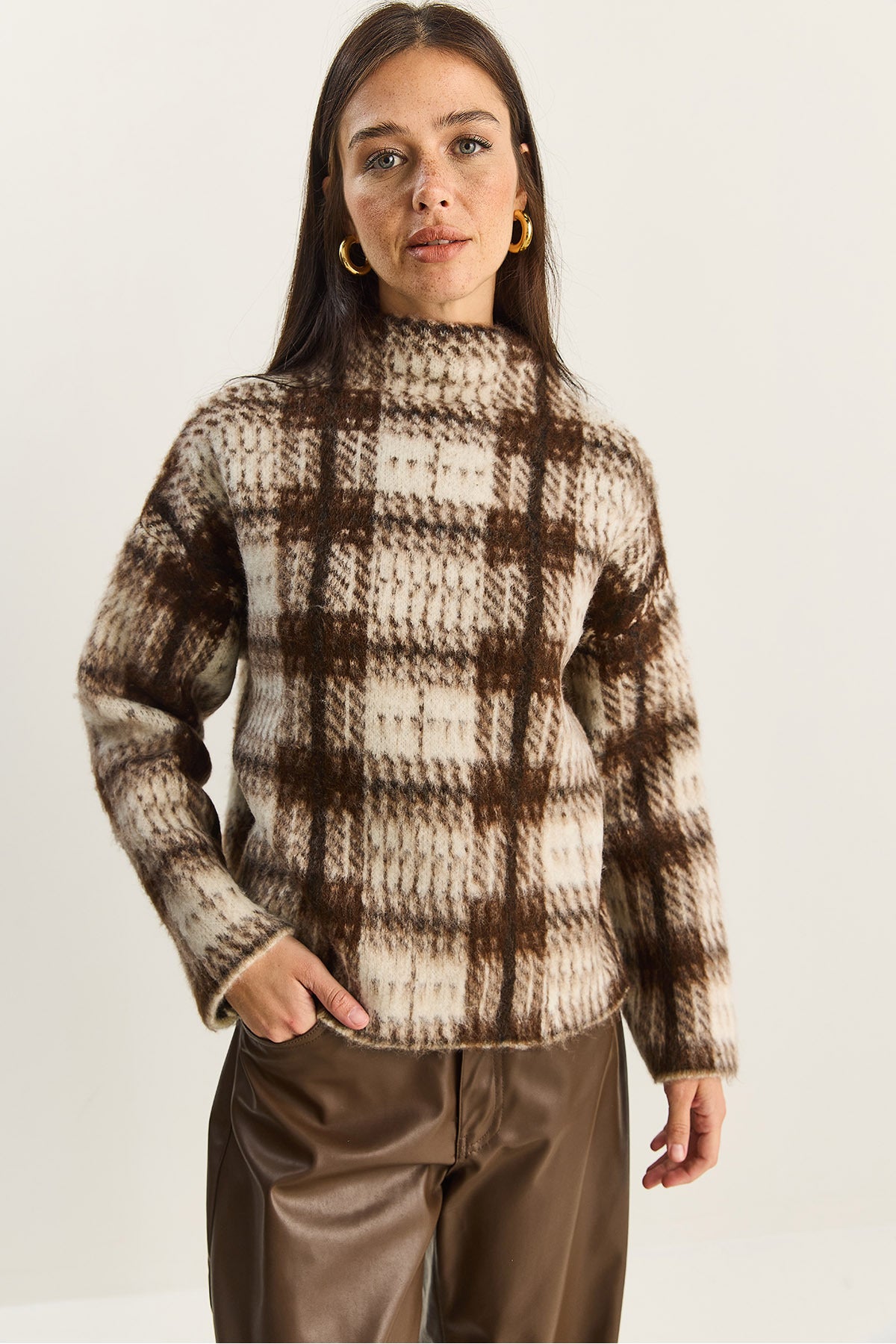 Women's Brushed Effect Checked Knitted Sweater 20258060