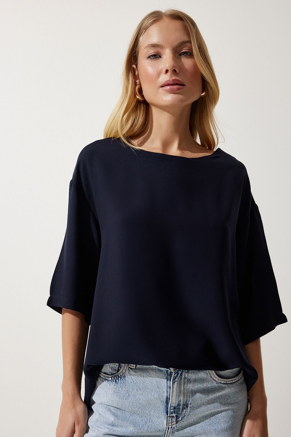 Female navy blue bicycle collar draped viscose blouse RC00152