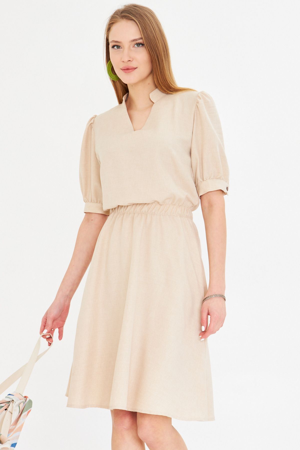 Female Beige V-Yaka Waist Waist Tire Short Sleeve Clash Dress ARM-25Y001001