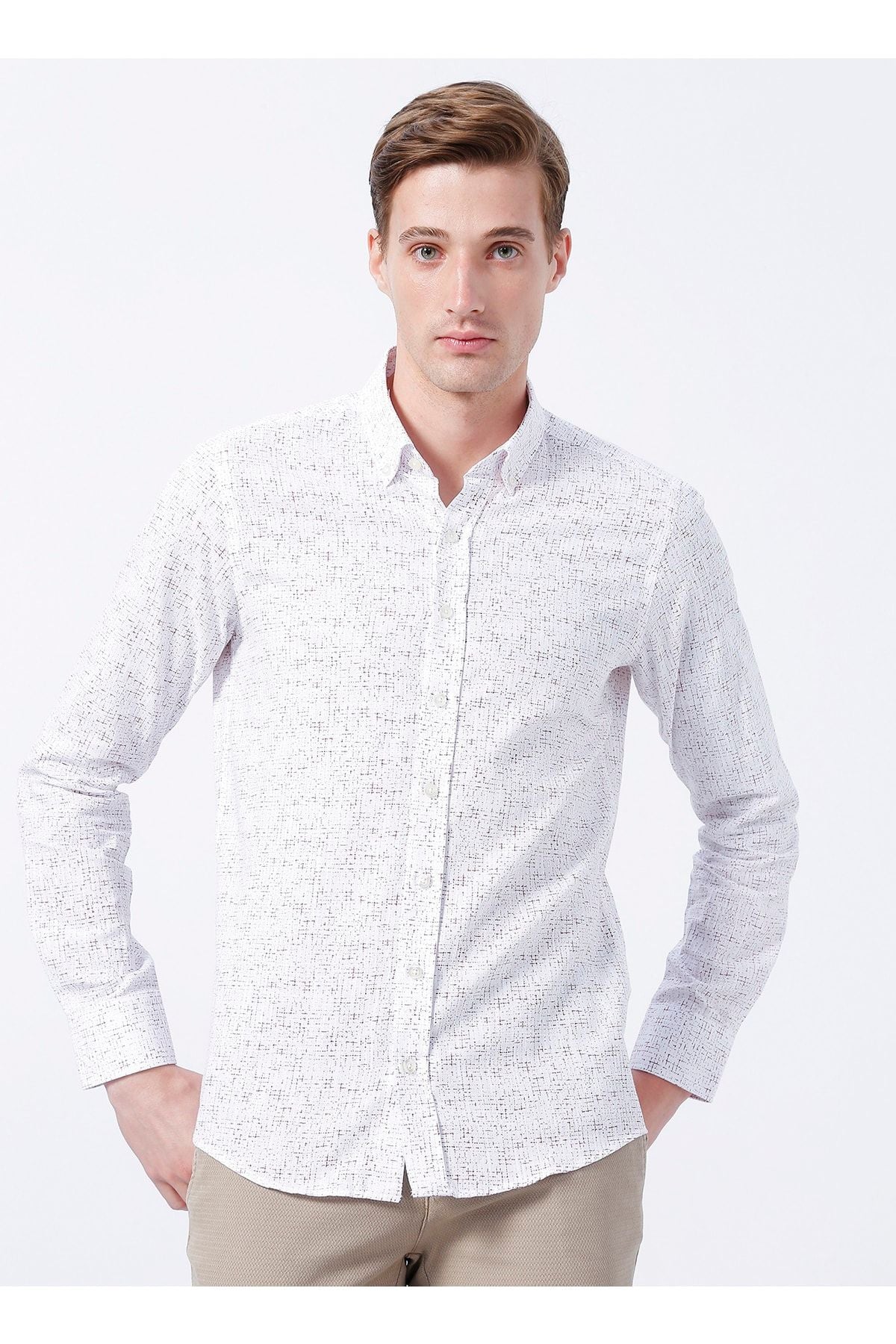 Men's White - Bordeaux Slim Fit Narrow Cutting Buttoned Neck 100 %Cotton Printed Shirt