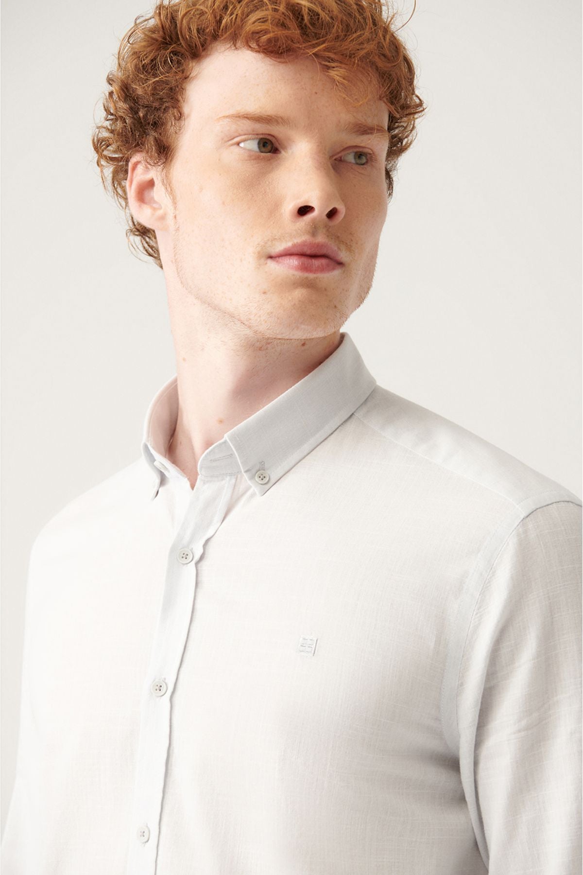 Men's gray button collar 100 %cotton linen textured shirt E002141