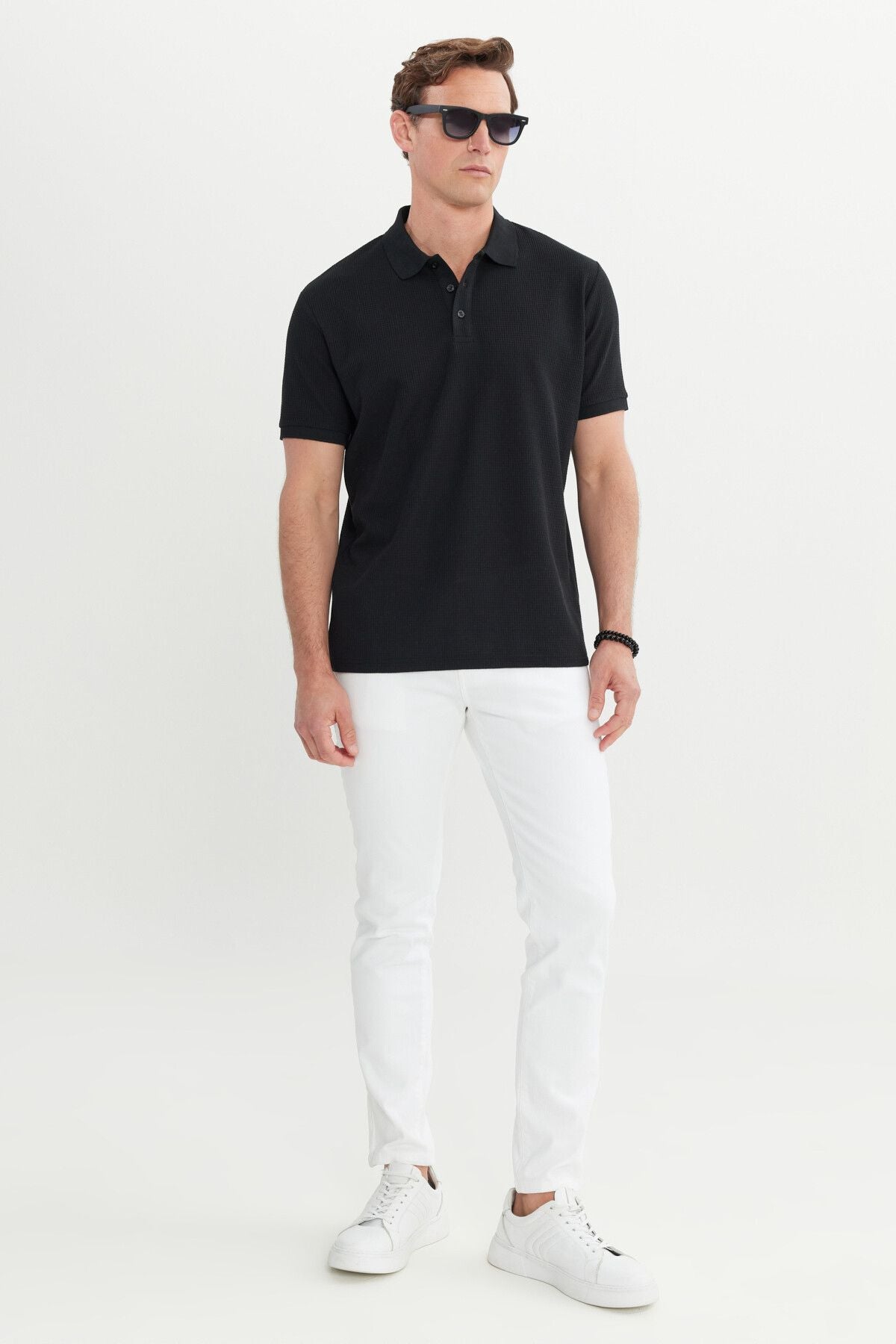Men's Black Cotton Standard Fit Normal Cut Patterned Polo Yaka T -shirt