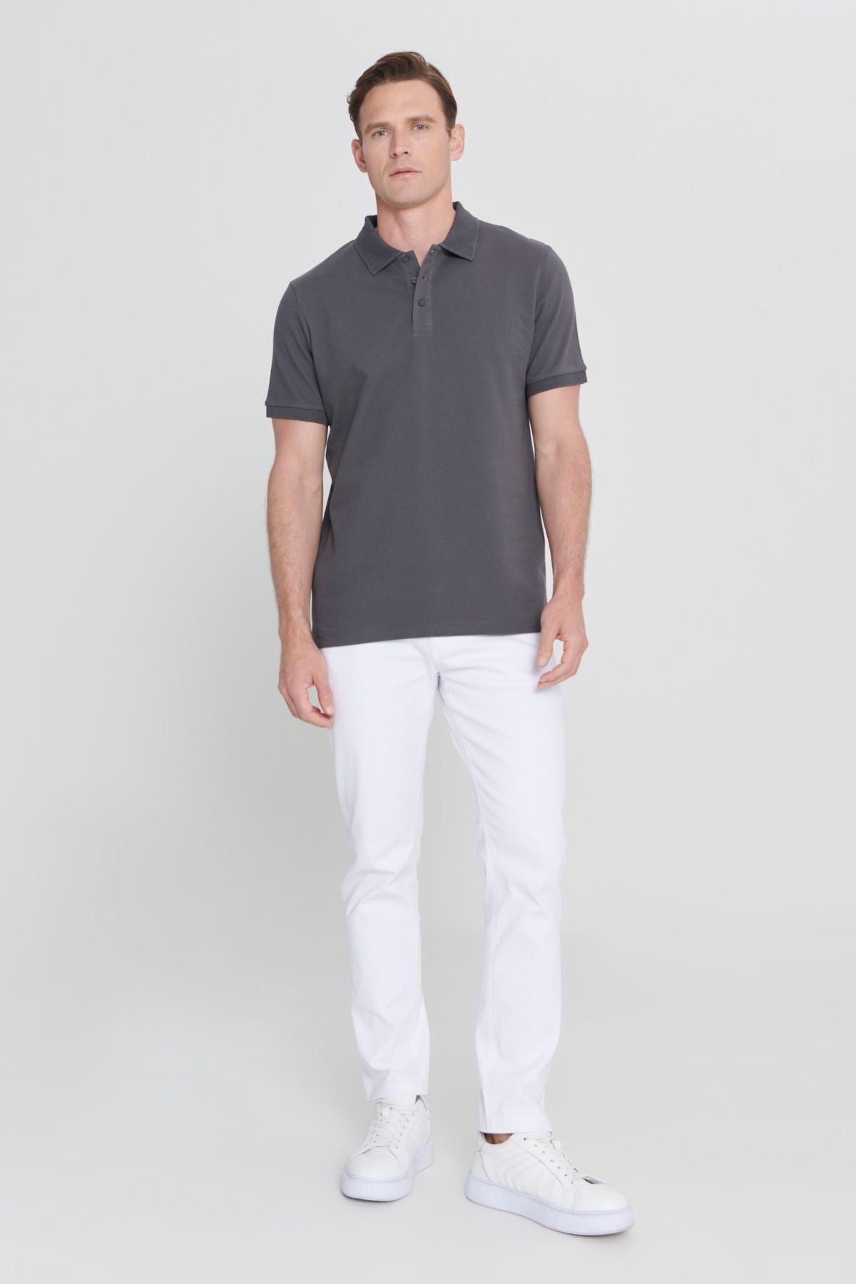 Men's anthracite 100 %cotton curved pike polo collar slim fit narrow cut t -shirt