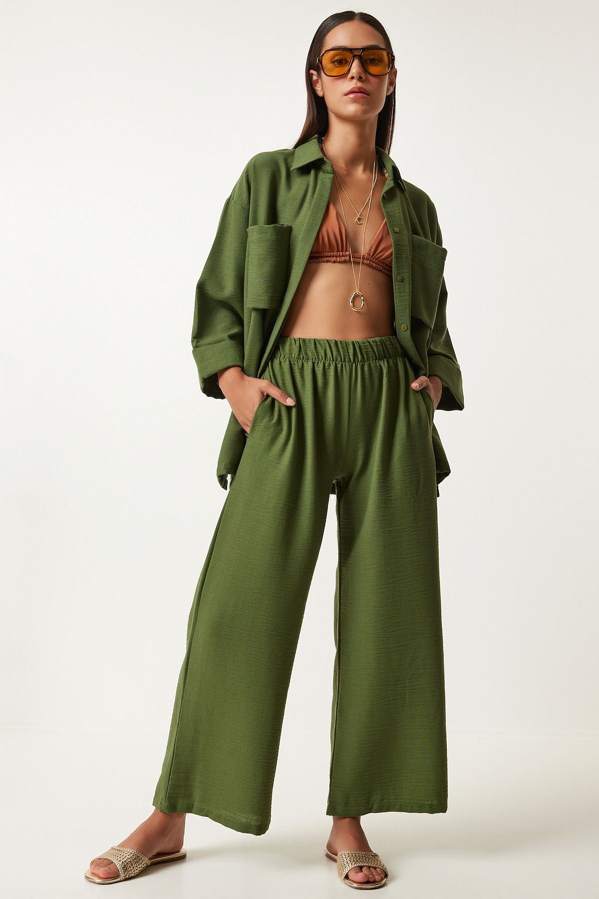 Female khaki large pocket linen mixed shirt pants set FN03205