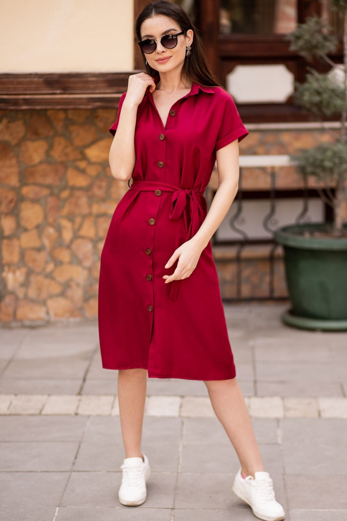 Female Bordeaux Waist Belt Short Sleeve Shirt Dress Arm-19y001068