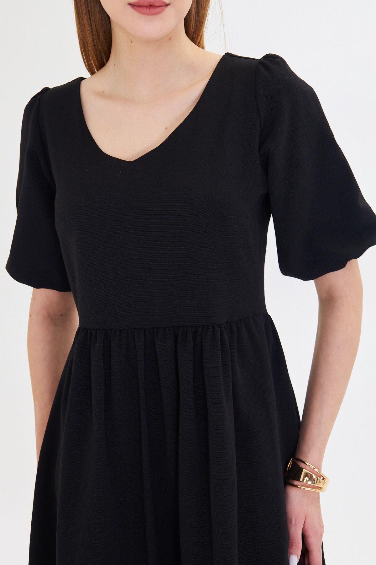 Female Black U-Neck Arms with rubber waist shirred midi size dress ARM-25Y001003