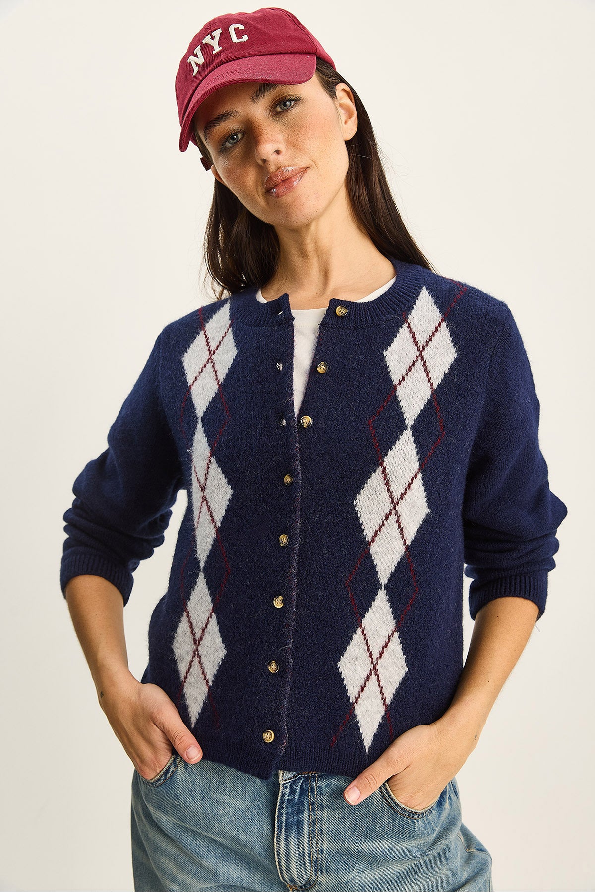 Women's Diamond Patterned Buttoned Knitwear Cardigan 20258049