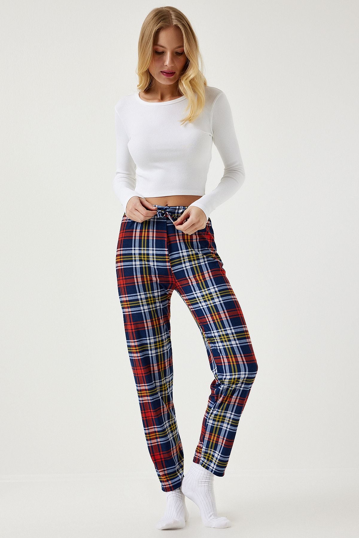 Woman Navy blue patterned soft textured knitting pajamas six Ce00089
