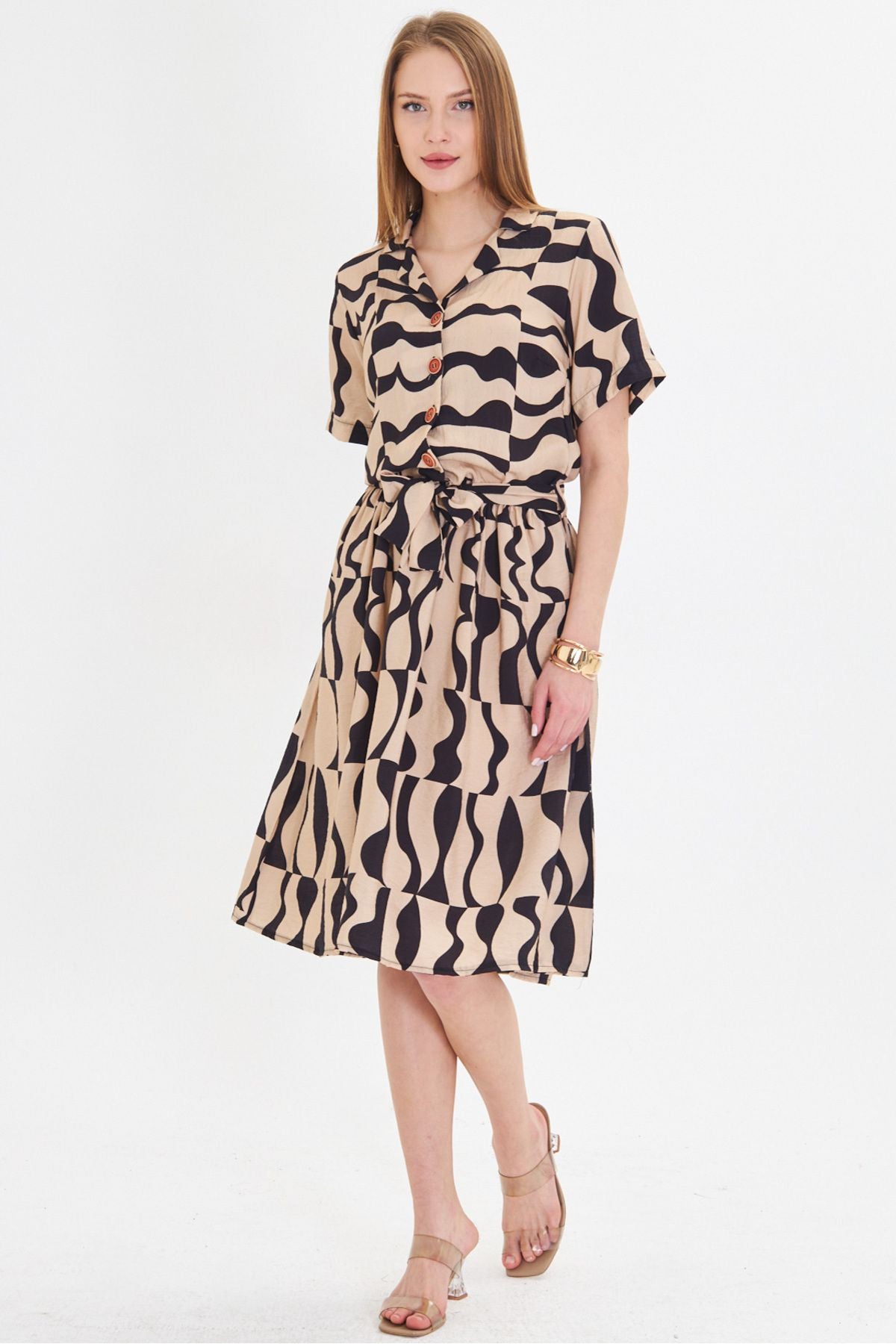 Female Beige front buttoned waist shirred belt midi size dress ARM-24Y001068