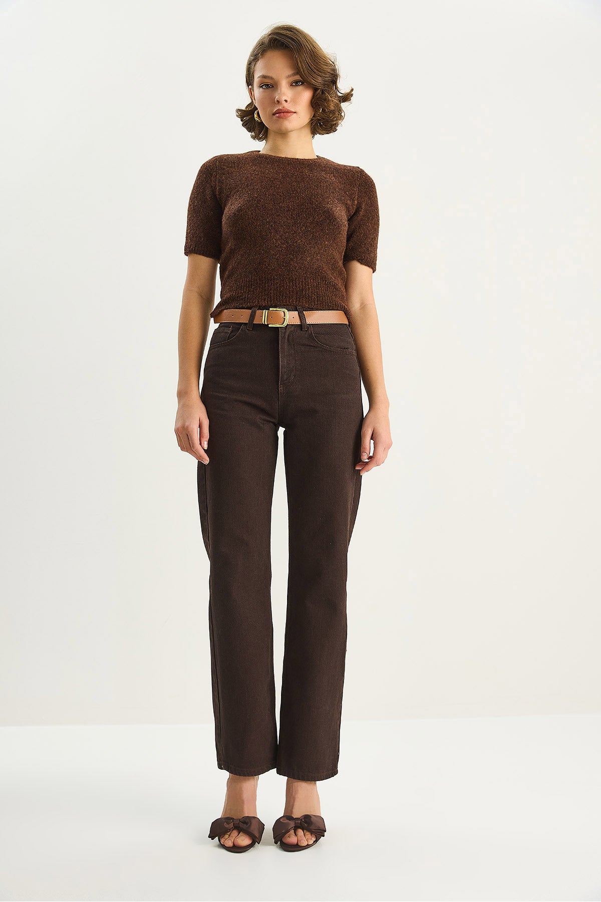 Women's Belted High Waist Straight Fit Denim Trousers 5220 60283744