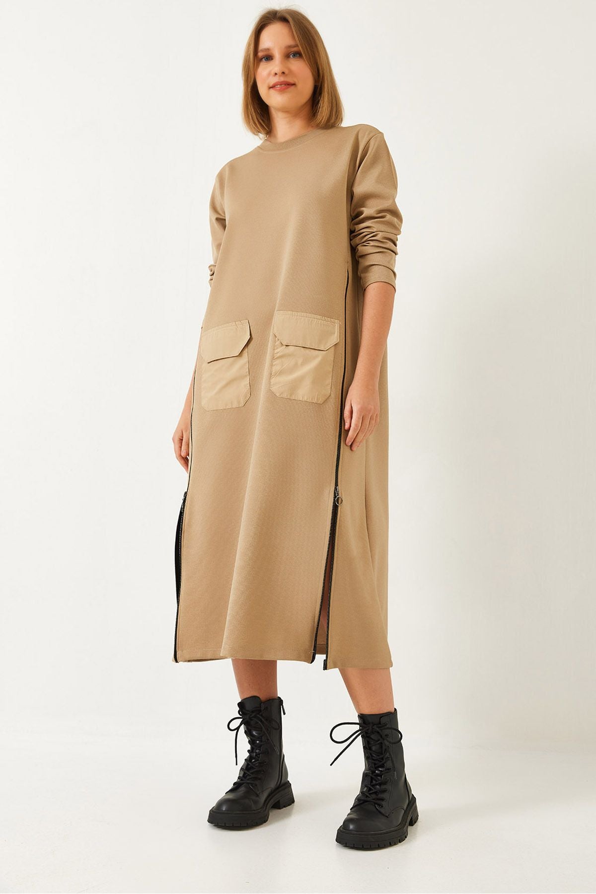 Women's sides with zipper double pocket long dress 8004 60351340
