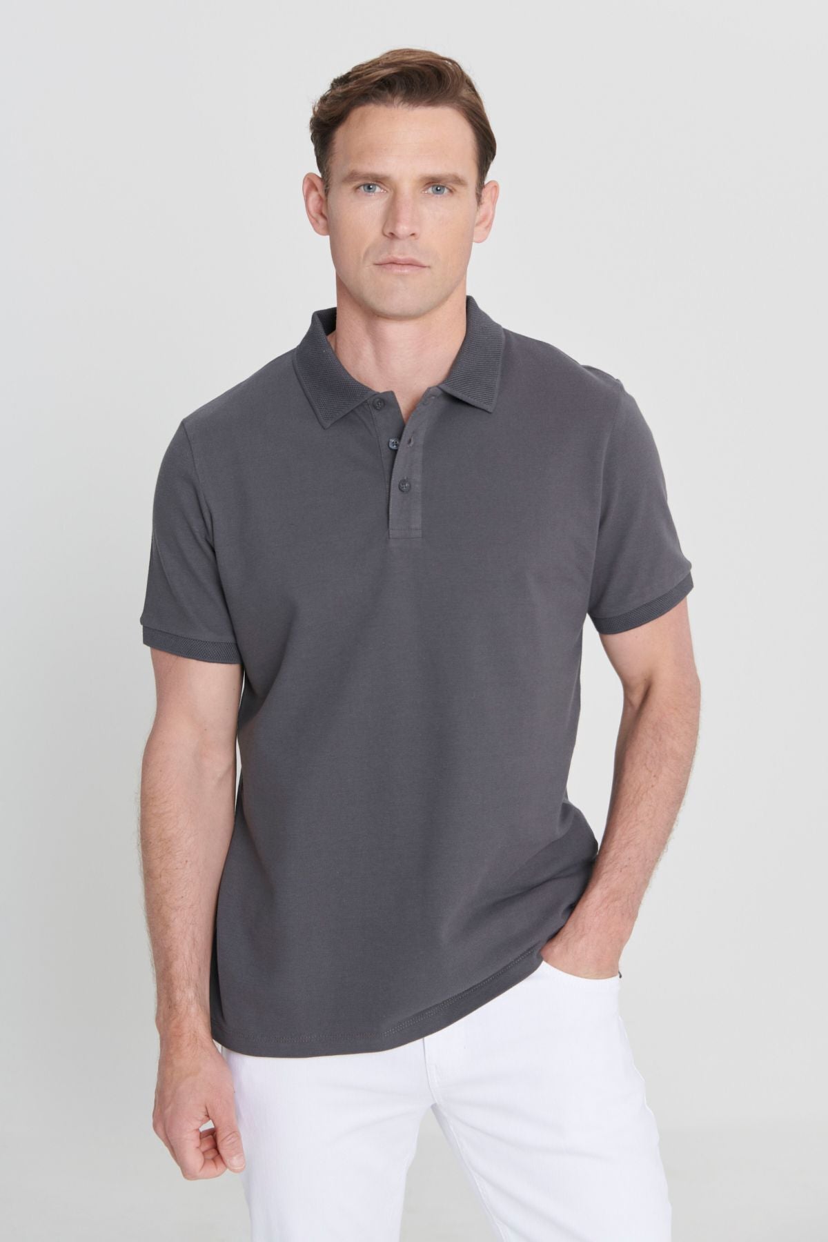 Men's anthracite 100 %cotton curved pike polo collar slim fit narrow cut t -shirt
