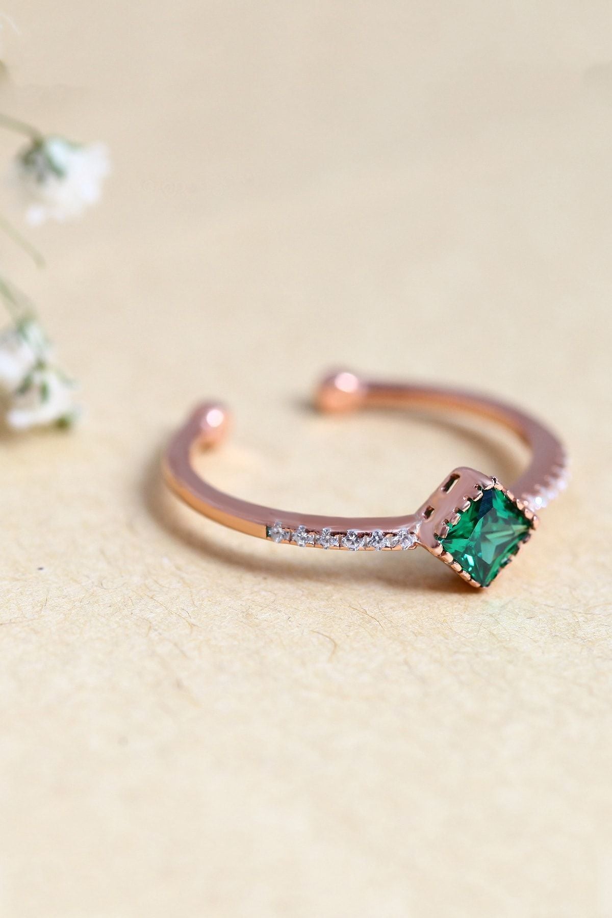 Woman Rose Emerald Stone Square Minimally Adjustable 14 K Gold Plated Ring