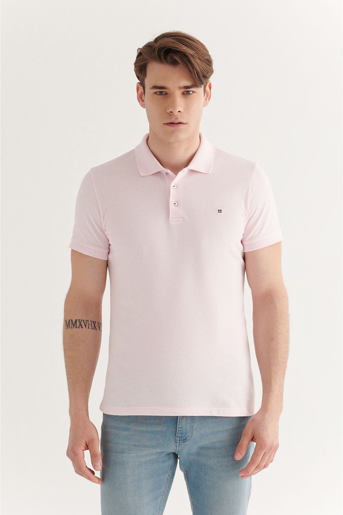 Men's light pink 100 %cotton cool that holds Polo Yaka T-shirt E001004