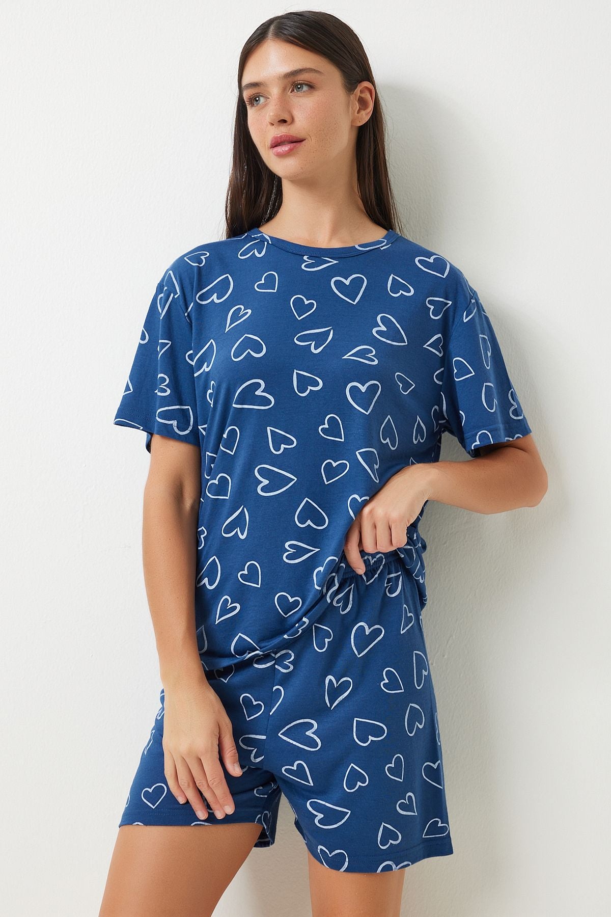 Female navy blue patterned viscose shorts T-shirt pajama set EC00045