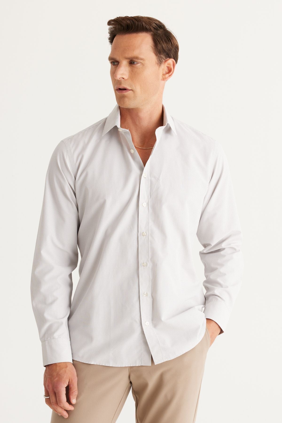 Men's White-Bej Comfort Fit Casual Cutter Classic Neckline Cotton Cotton Shirt