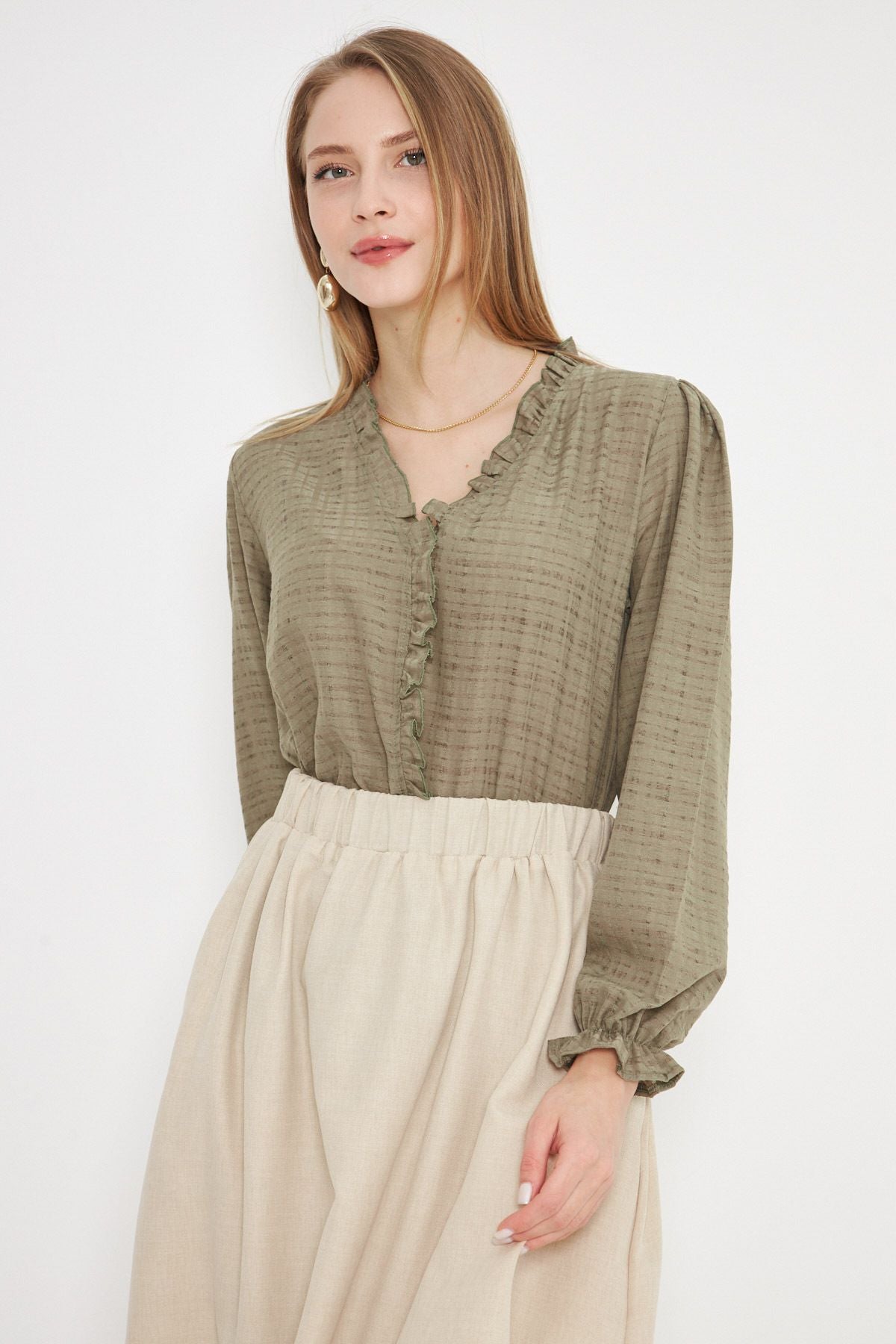 Female Khaki Side and Ruffle Detailed Arms with Long Sleeve Blouse ARM-25K001030