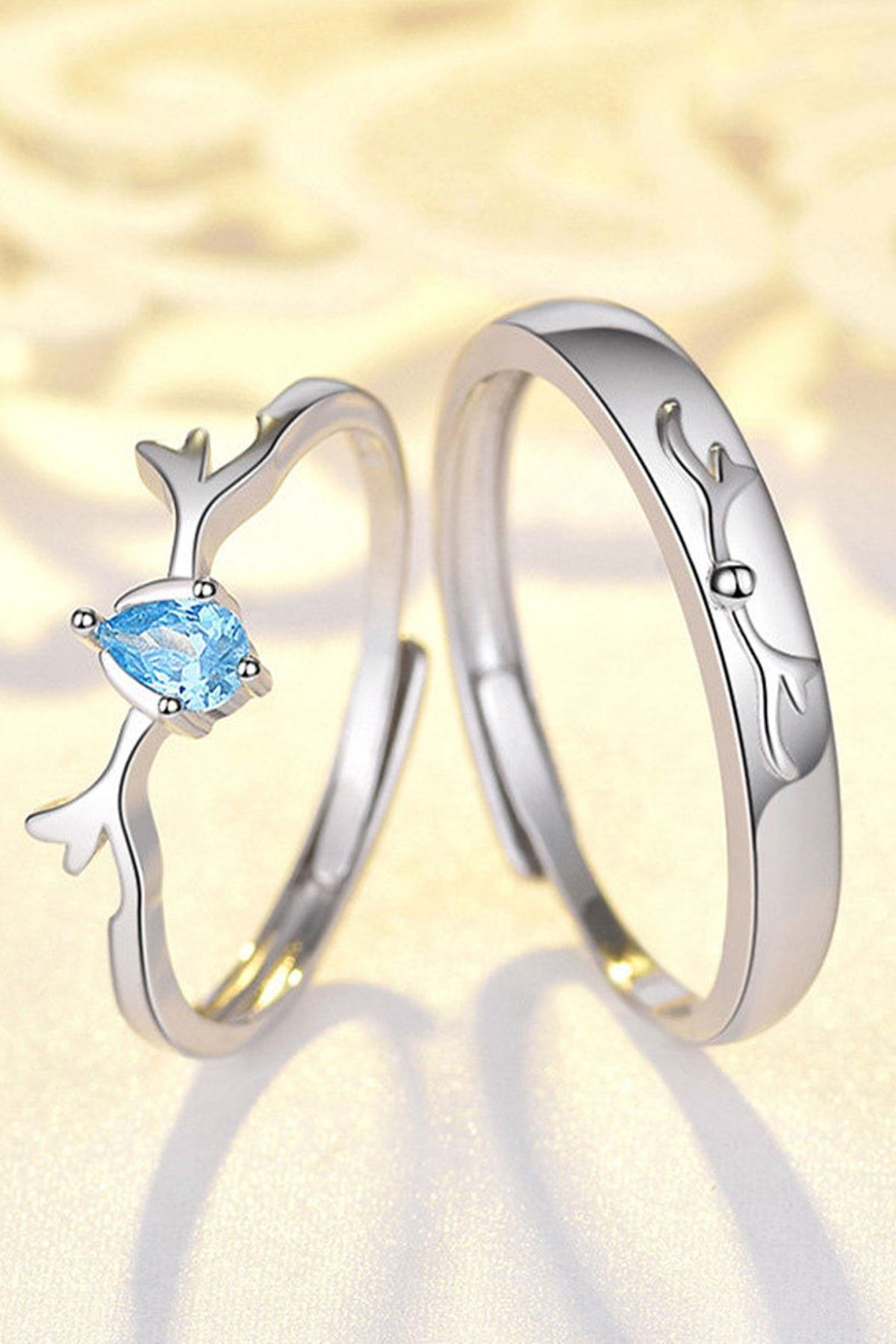 Aqua Stone with Deer Motif Silver Silver Plated Double Alyans Ring