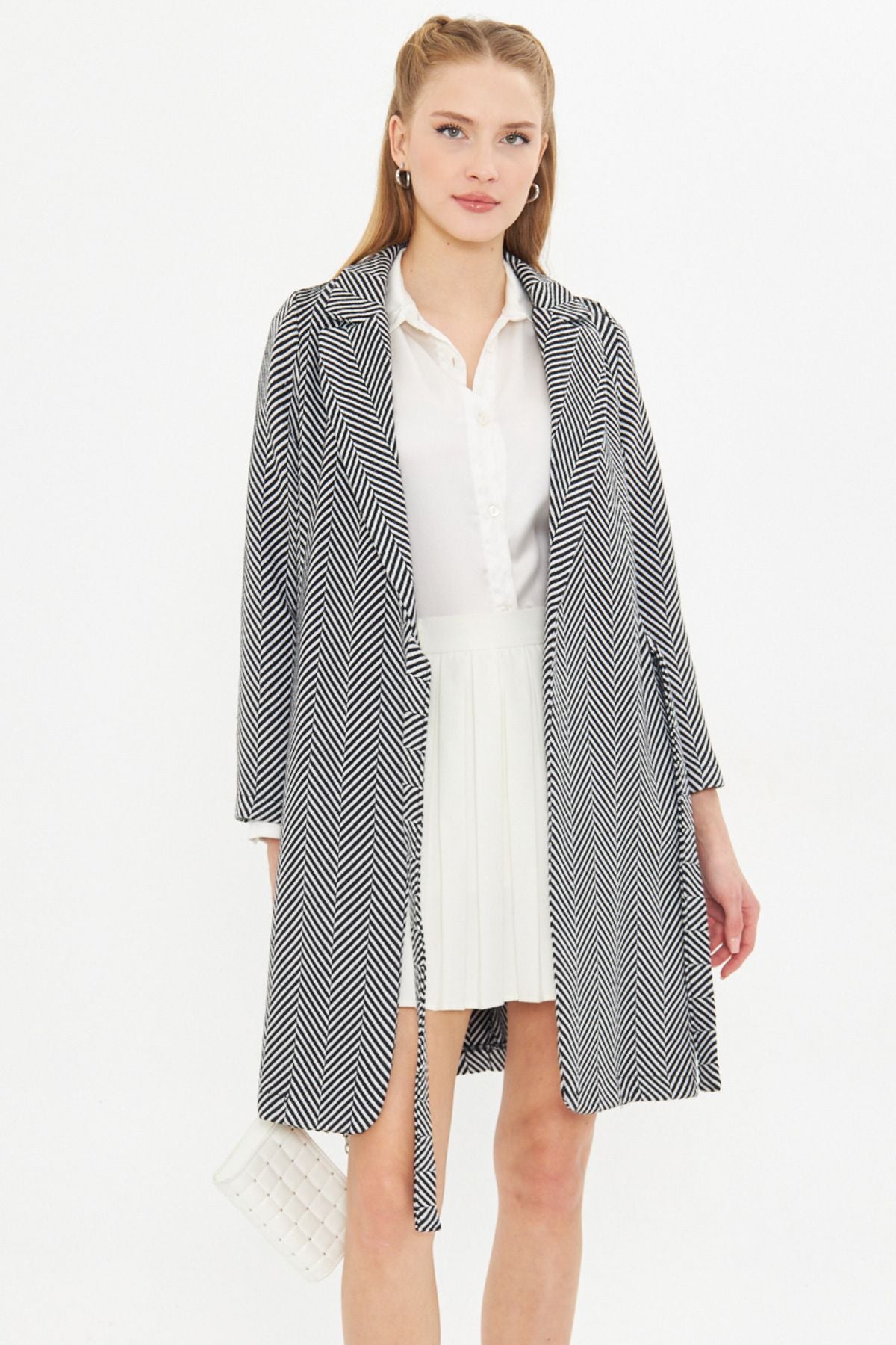Women's black side-tied pocket long stamp coat with striped pockets ARM-25K001077