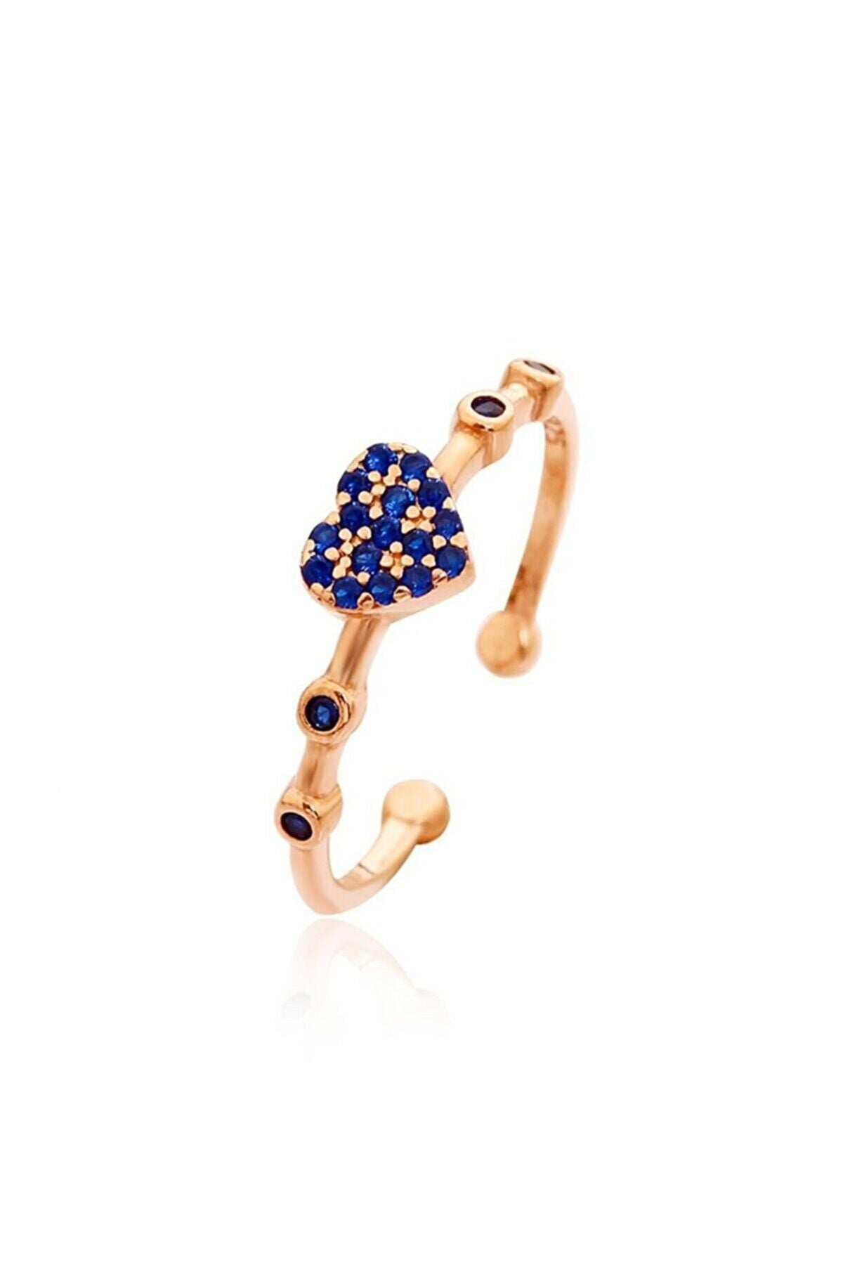 Navy blue stone with heart motif adjustable 14 k rose gold plated woman ring