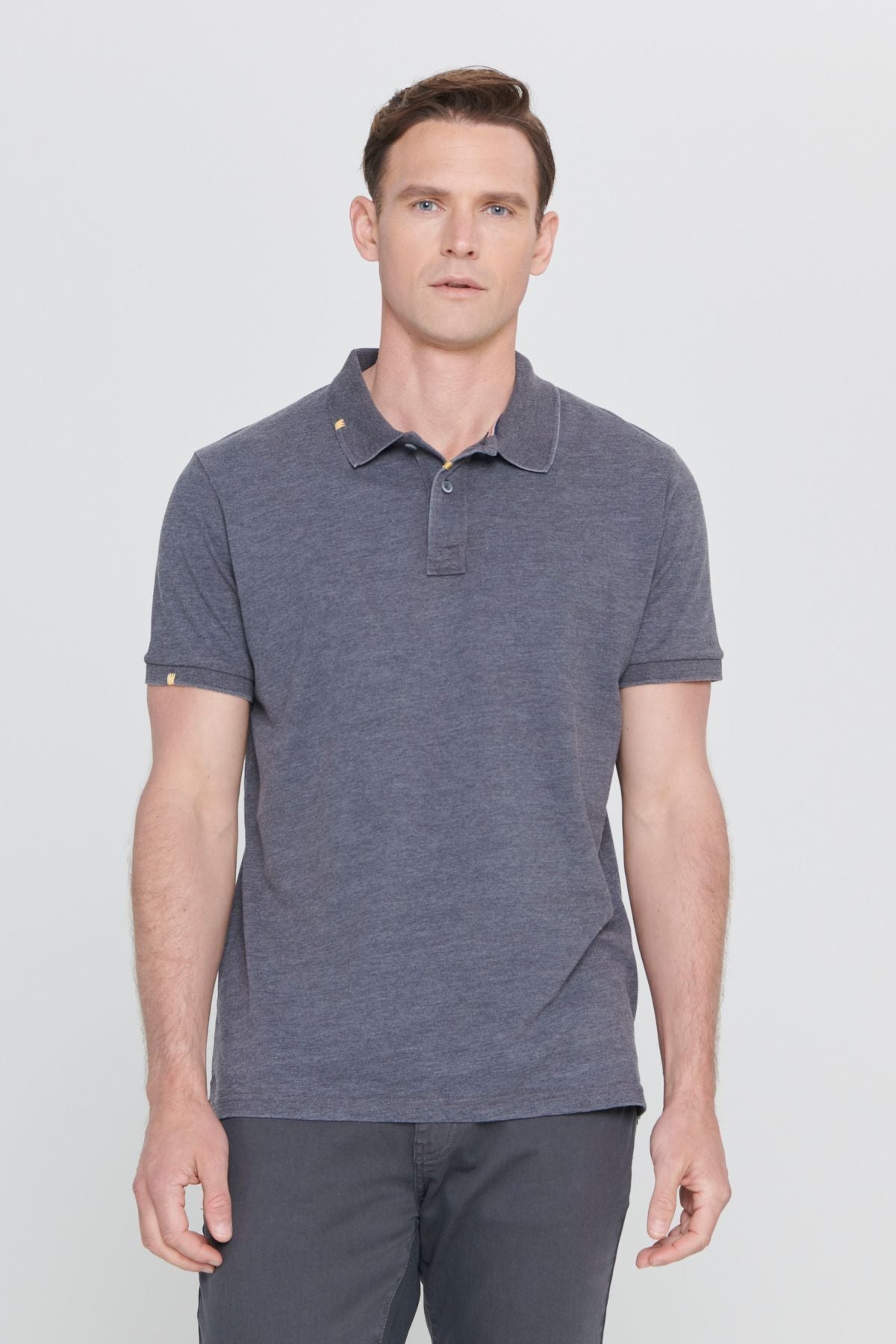 Men's anthracite slim fit narrow cut cotton embroidery detailed Polo Yaka T -shirt