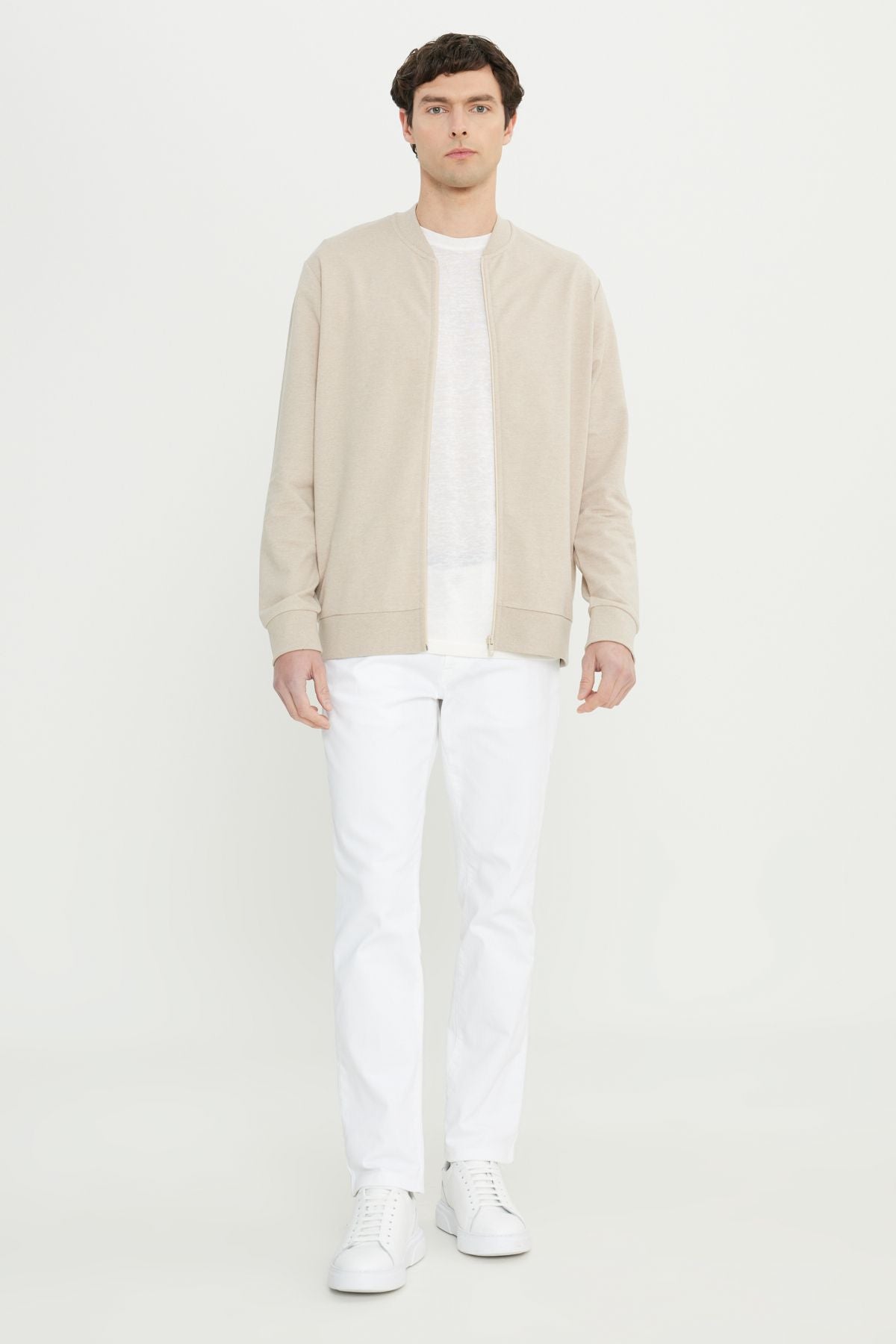 Men's Beige Cotton Standard Fit Normal Cutting College Side Cep Sweatshirt Jacket