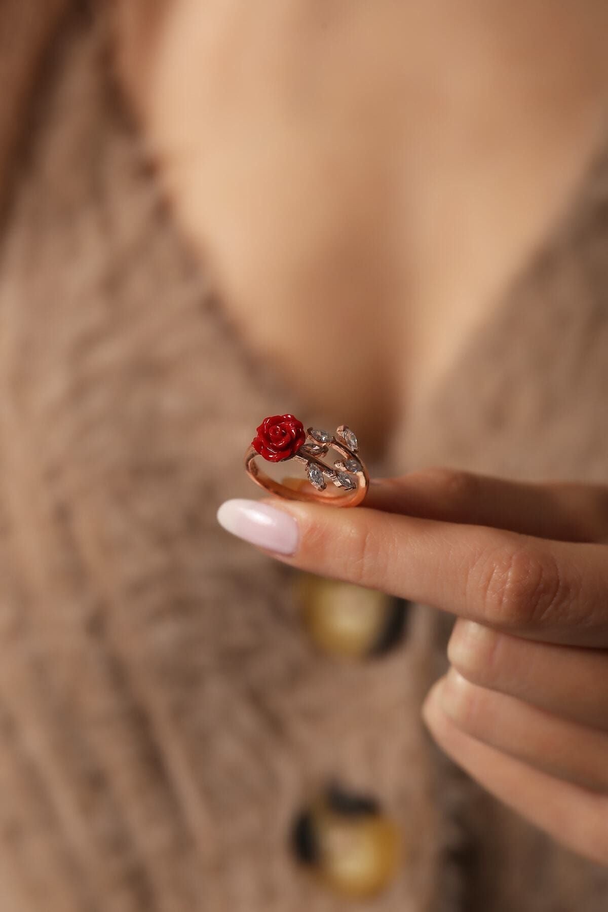 Rose motif ivy 14k Rose gold -plated woman ring