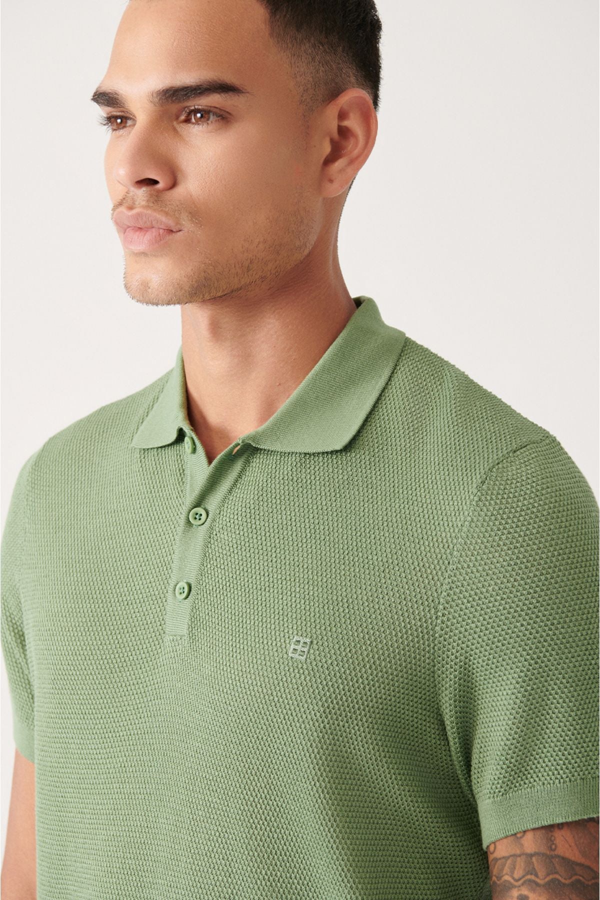 Men's Water Green 3 Button Tissue Ribanian Polo Yaka Triko T-Shirt B005009