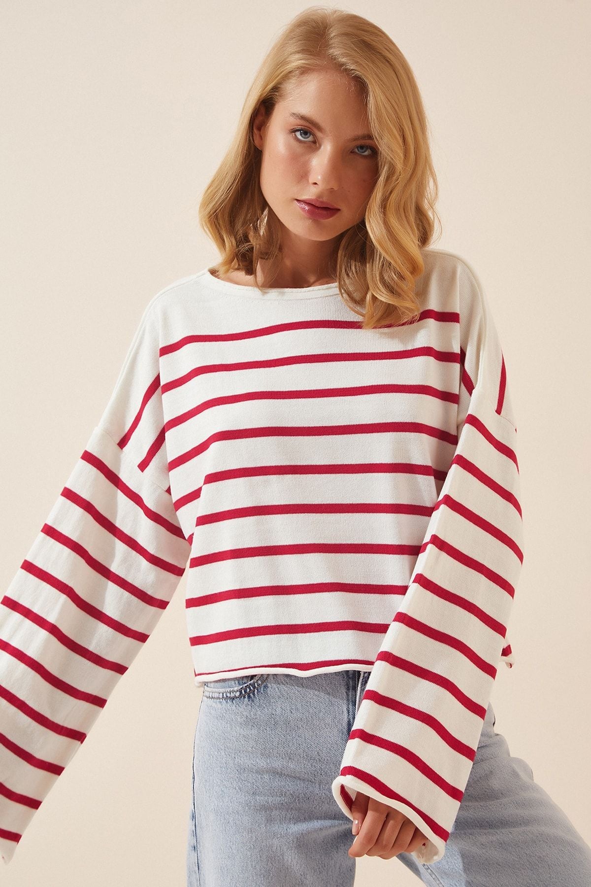 Woman Red White White Striped Oversiz Crop Knitwear sweater US00659