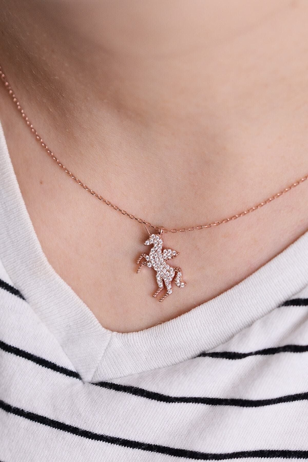 Unicorn White Stone Rose Gold Plated 14 K Rose Gold Plated Women Necklace