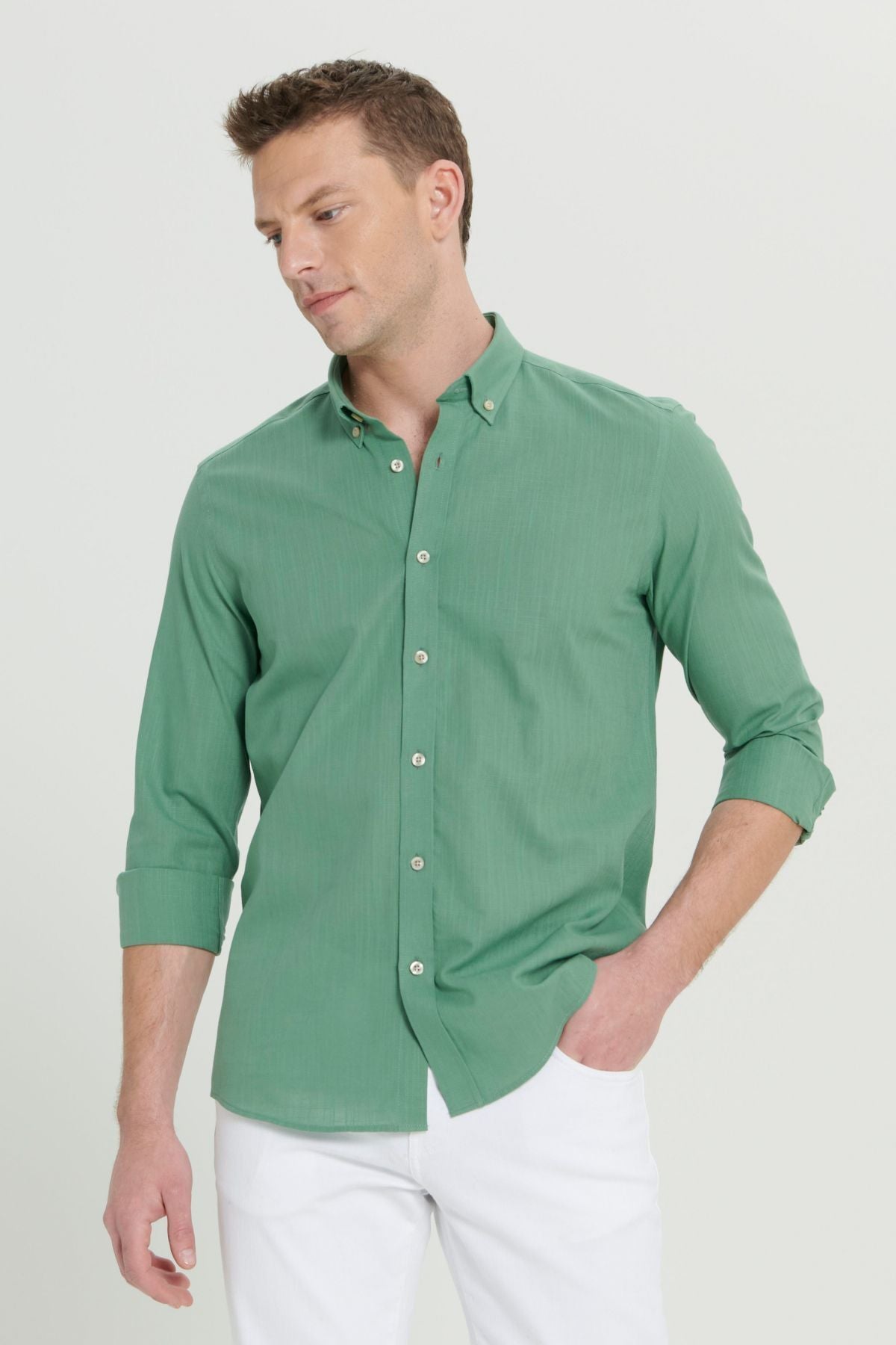 Male Khaki 100 %Cotton Breathing Fabric Oxford Slim Fit button with collar pennant shirt