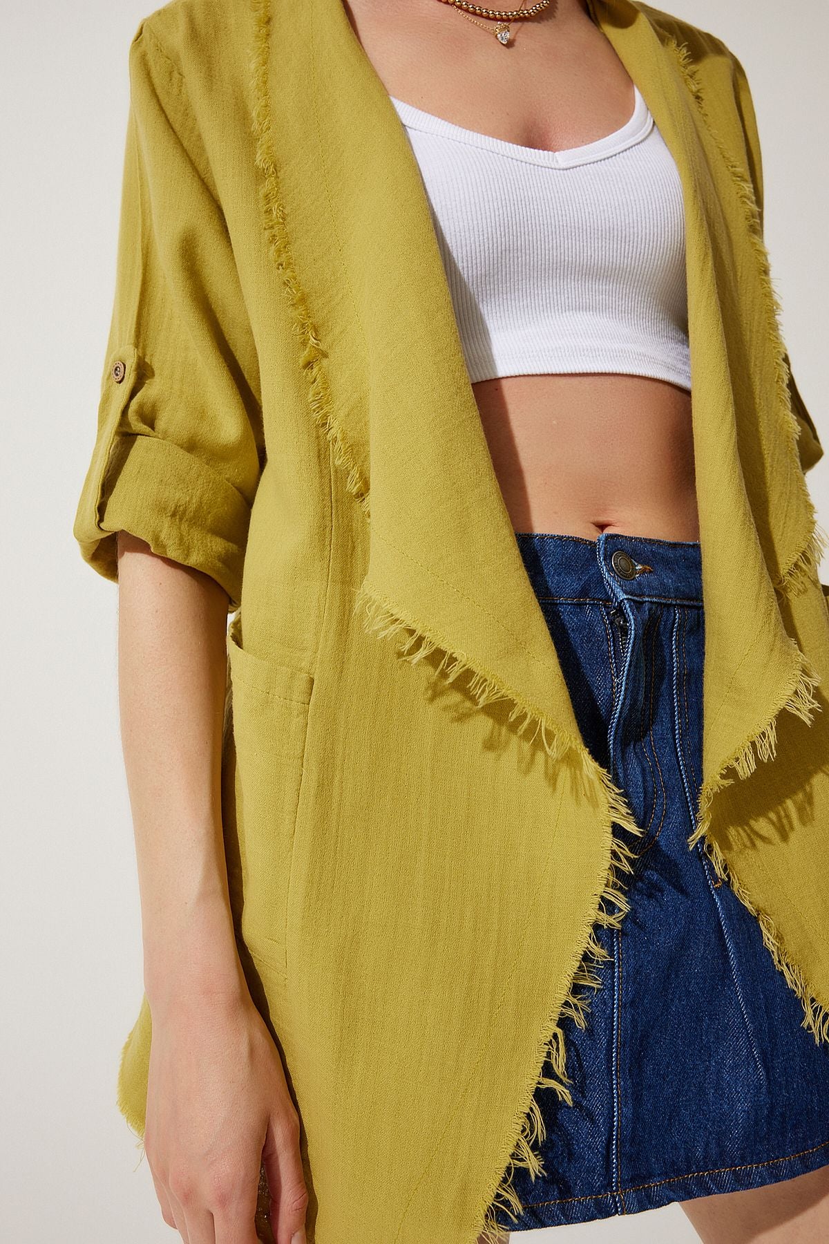 Female Fat Green Eaves Detailed Asymmetric Muslin Jacket SA00020