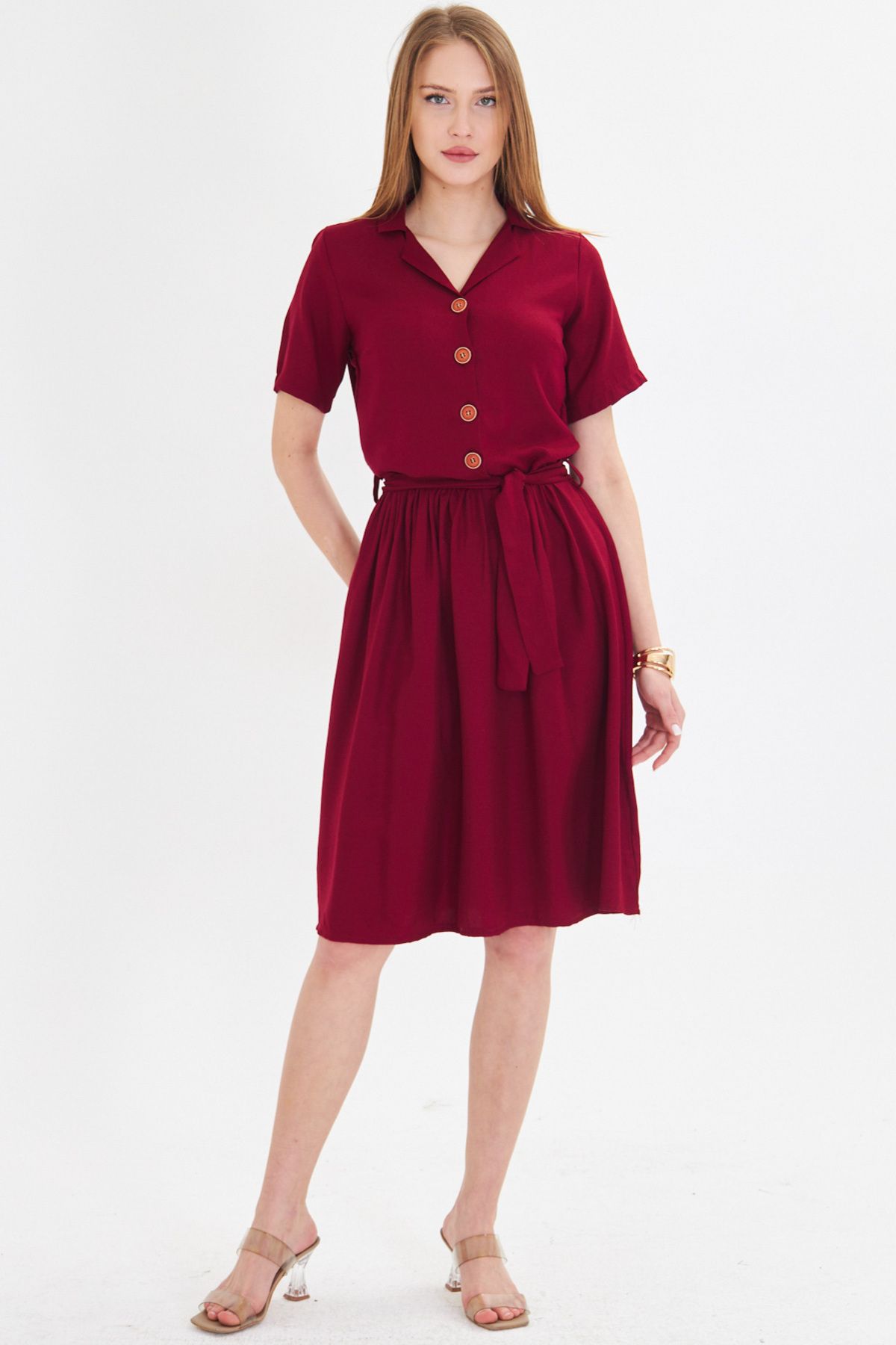 Female Bordeaux front buttoned waist shirred belt midi size dress ARM-24Y001068