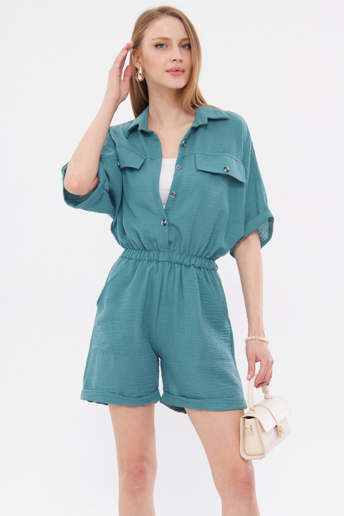 Female turquoise bat sleeve pocket waist waist tire shorts overalls ARM-23Y001075