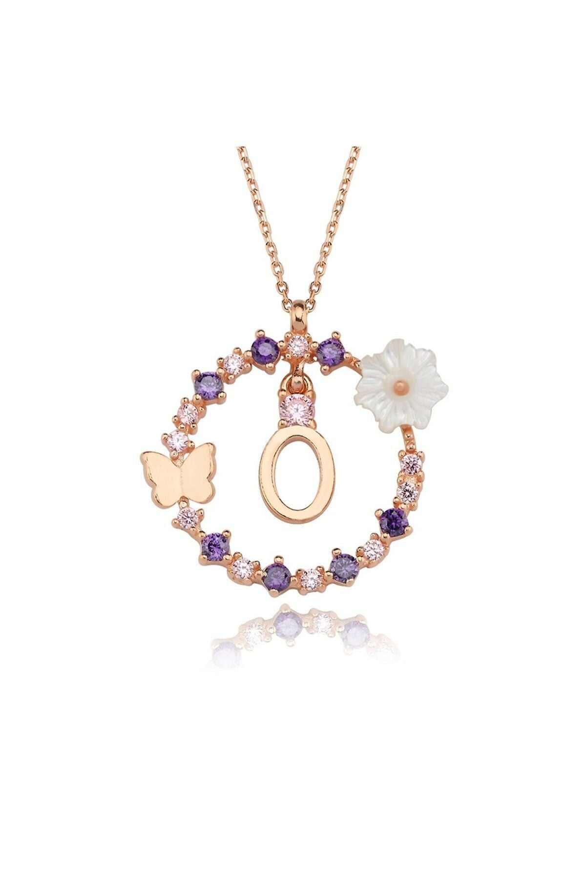 Magnolia Flower Dreams Glitter 14k Rose Gold O Letter Women Necklace