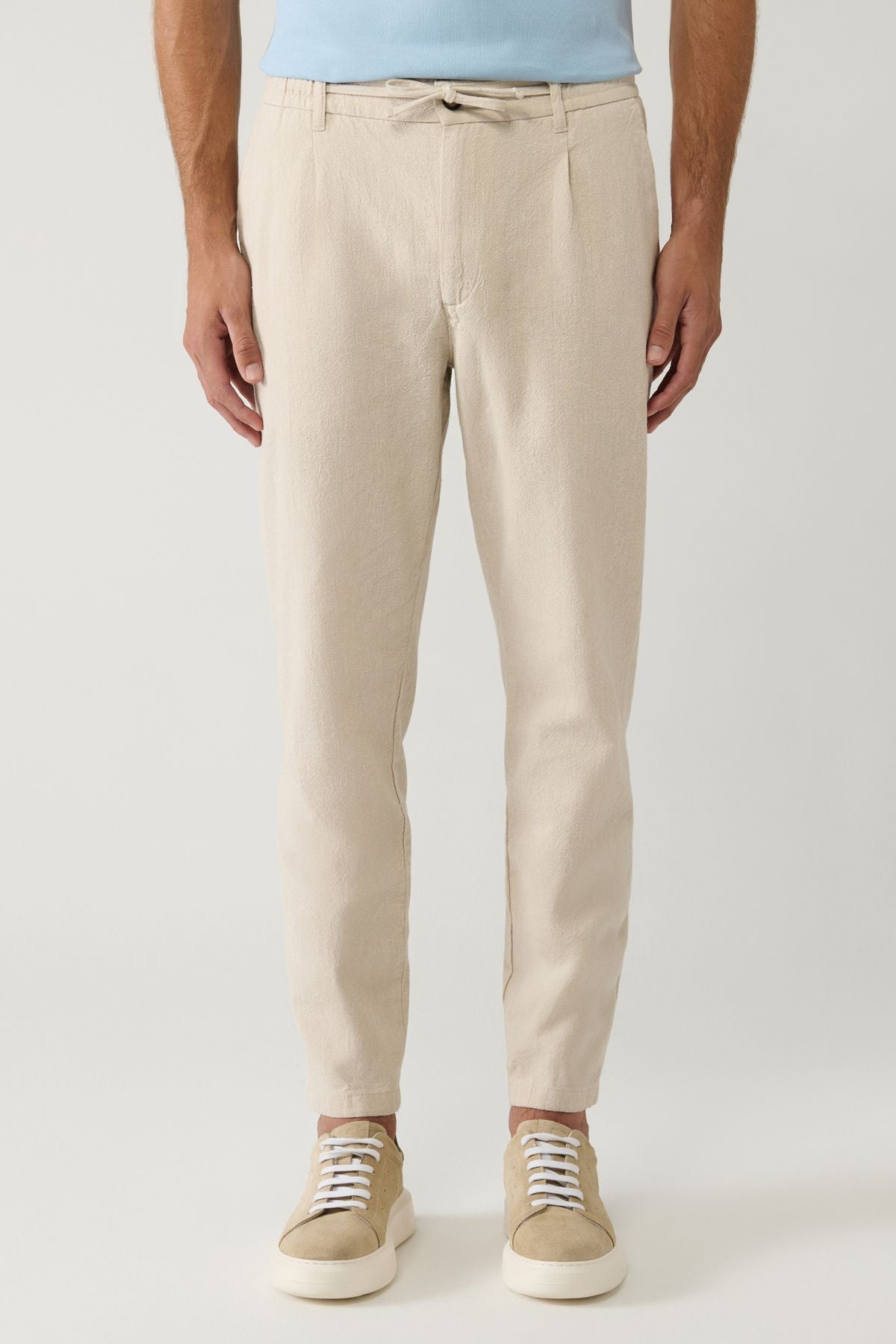 Men's Beige Waist Lacked Lined Linen Cotton textured Chino Pants B003036