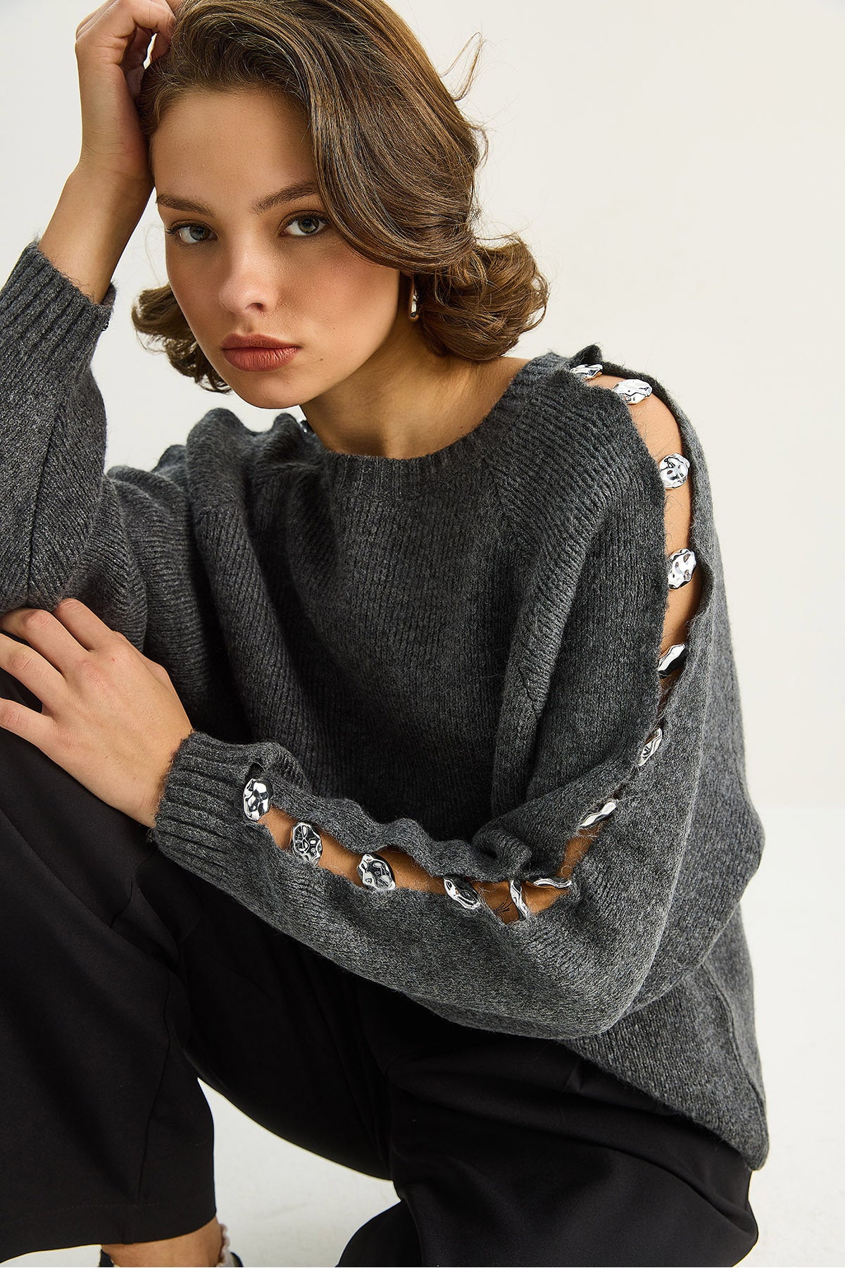 Women's Crew Neck Accessory Detailed Knitwear Sweater 4688 60283737