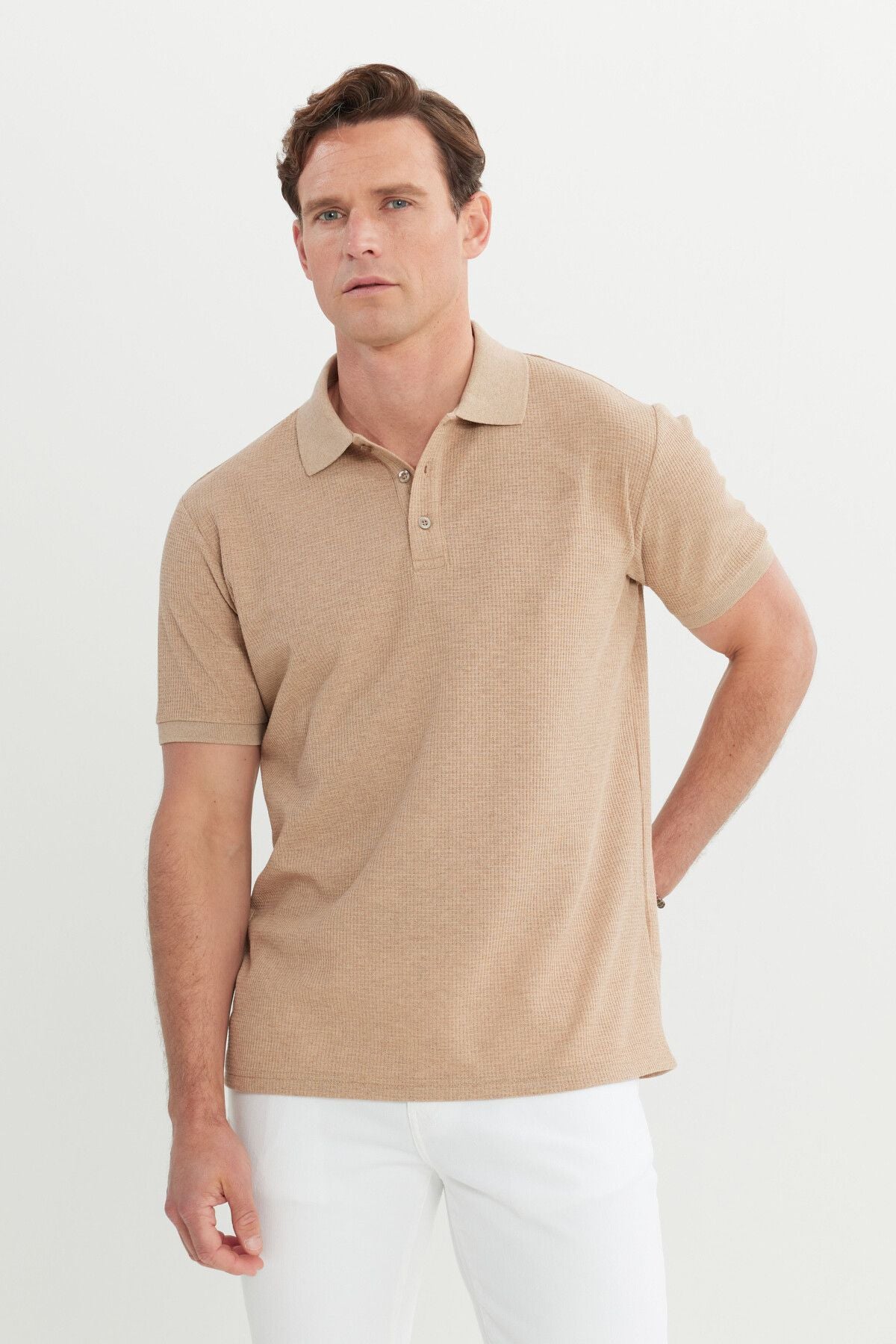Men's Beige Cotton Standard Fit Normal Cut Patterned Polo Yaka T -shirt