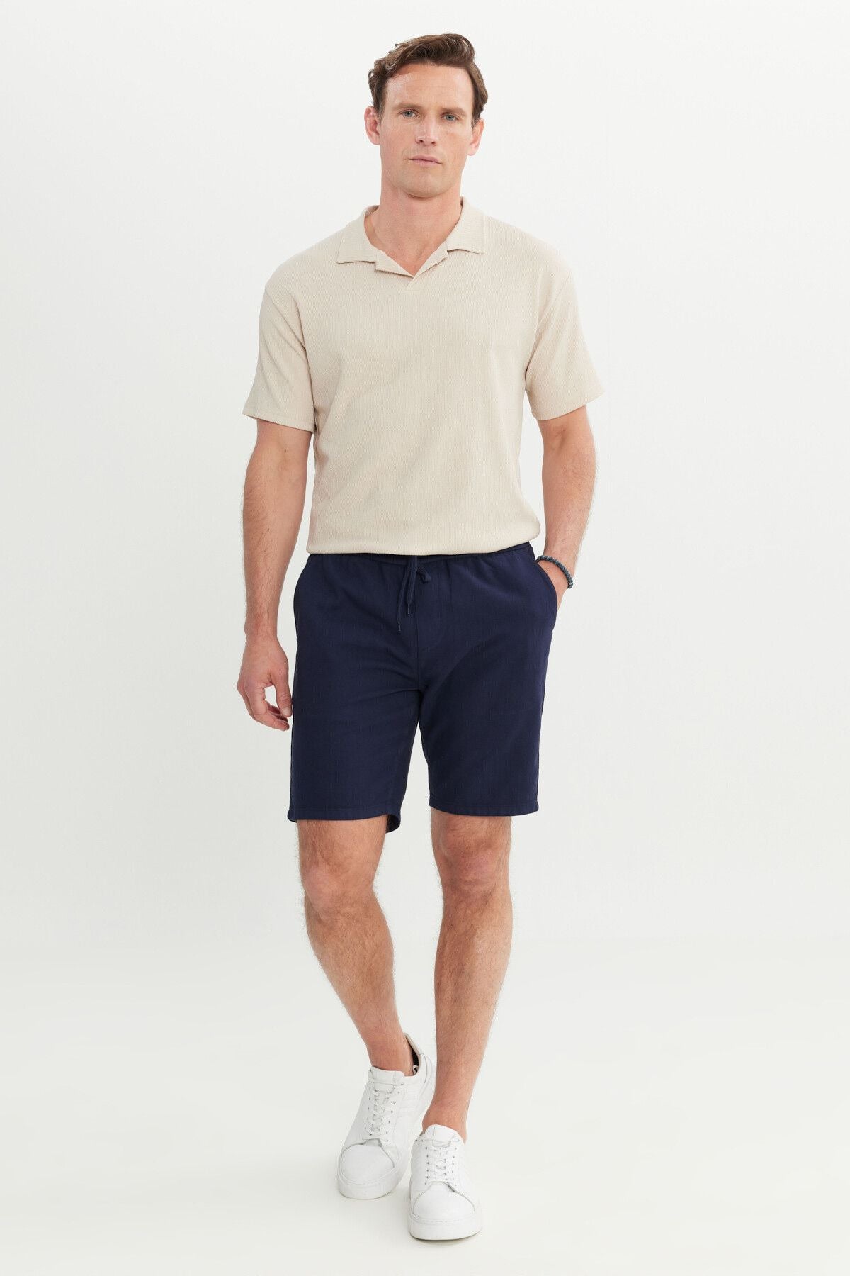 Men's Navy Blue 100 %Cotton Comfort Fit Waist Tied Flami Side Pocket Shorts