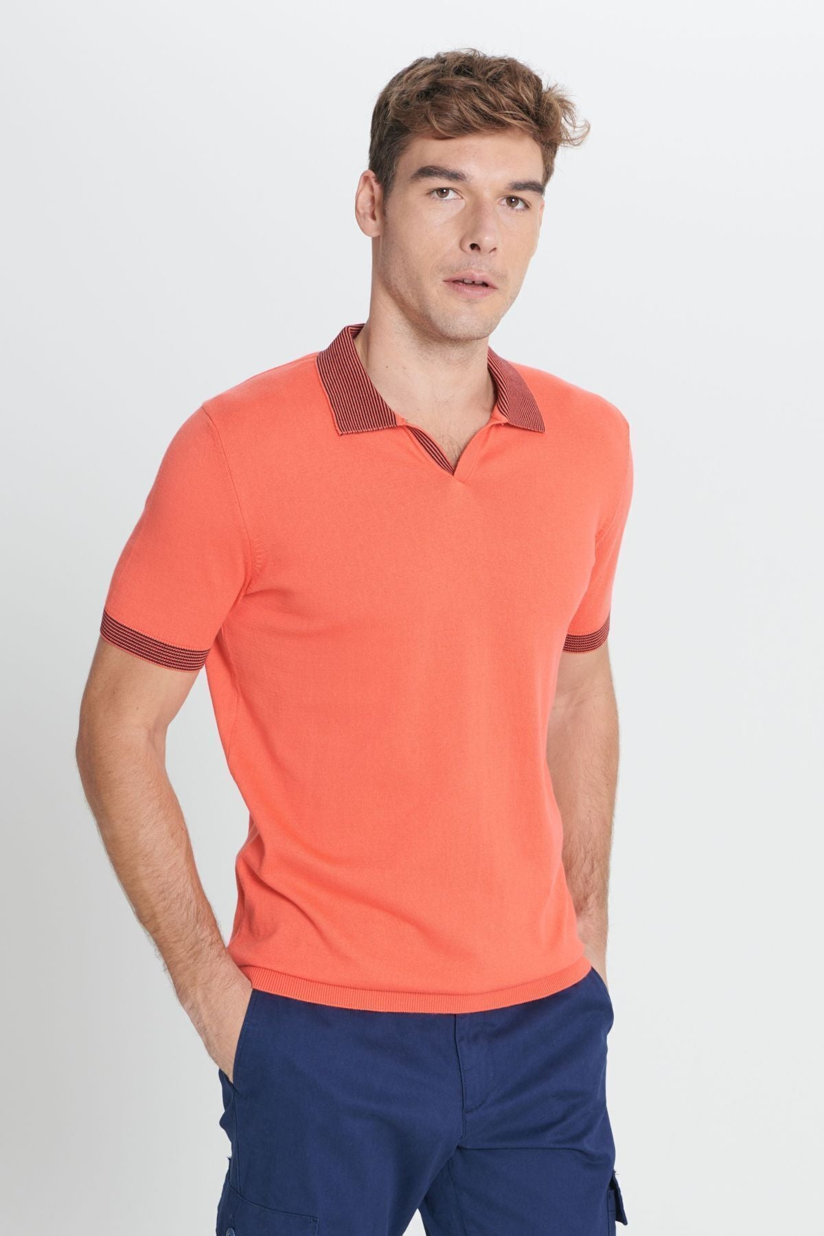 Male Coral Standard Fit Normal Cut Polo Yaka 100 %Cotton Knitwear T -shirt