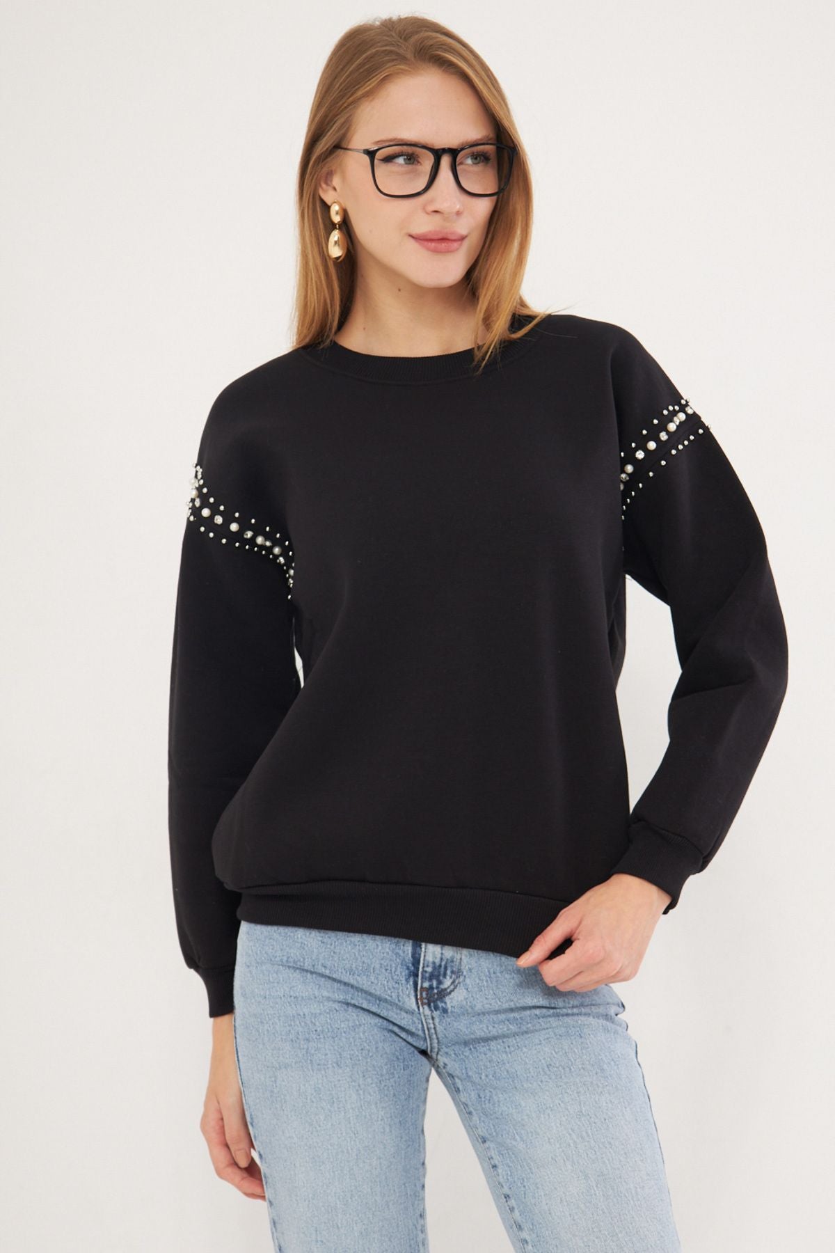 Female black zero-neck-collar branches with stone detailed sweatshirt ARM-25K024001