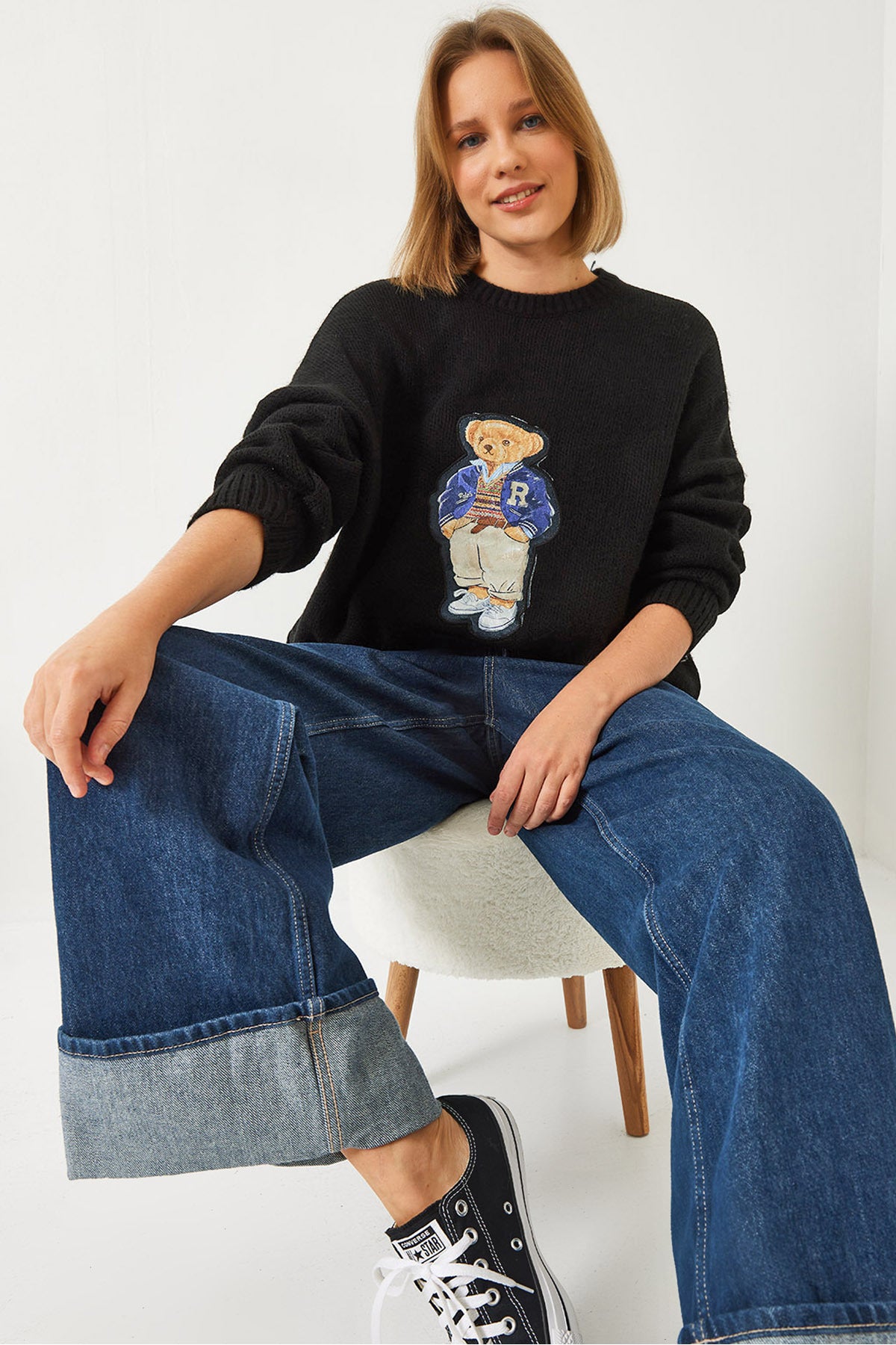 Women's Teddy Bear Printed Oversize Knitwear Sweater 60261131