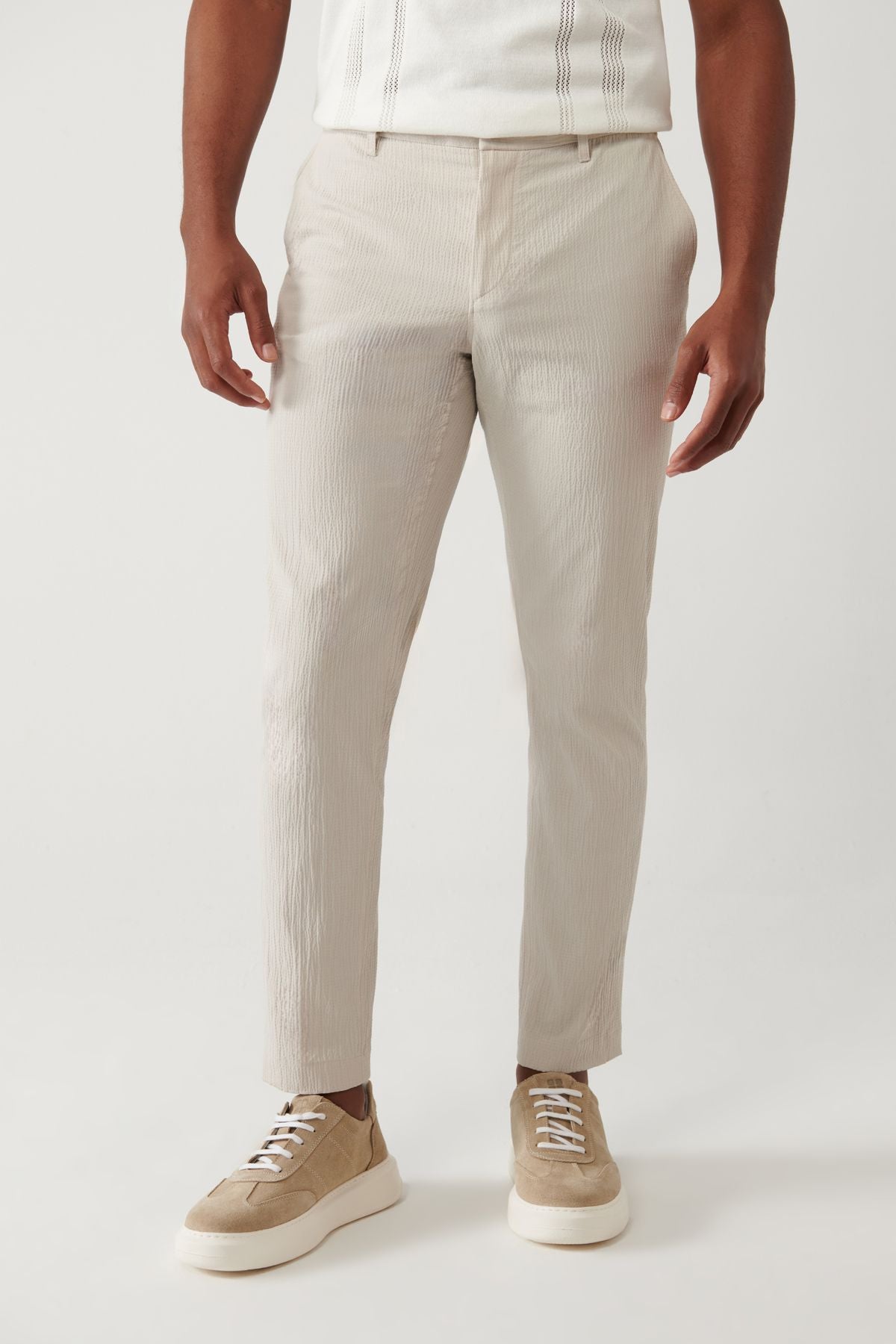 Men's Beige Side Pocket Flexible Fabric Wedding Cotton Lightweight Pants A41y3202