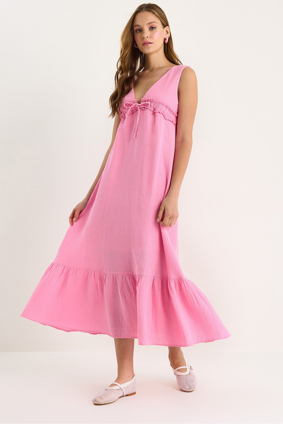 Women's V-Neck Tie Detailed Lined Muslin Dress 3043 60283456