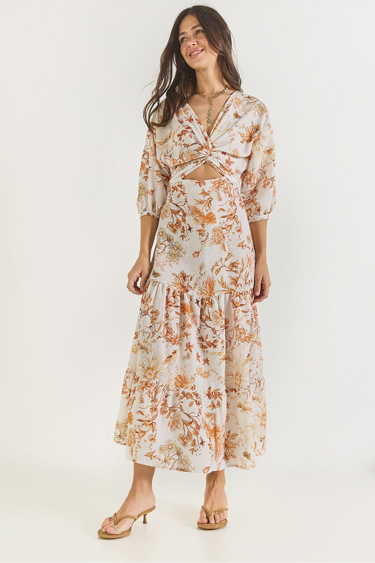Women's Window Detailed Patterned Long Linen Dress 3025 60283273