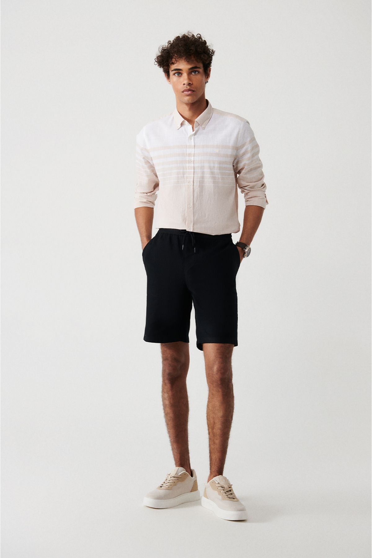 Men's black 100 %cotton side pocket waist waist linen textured shorts E003603