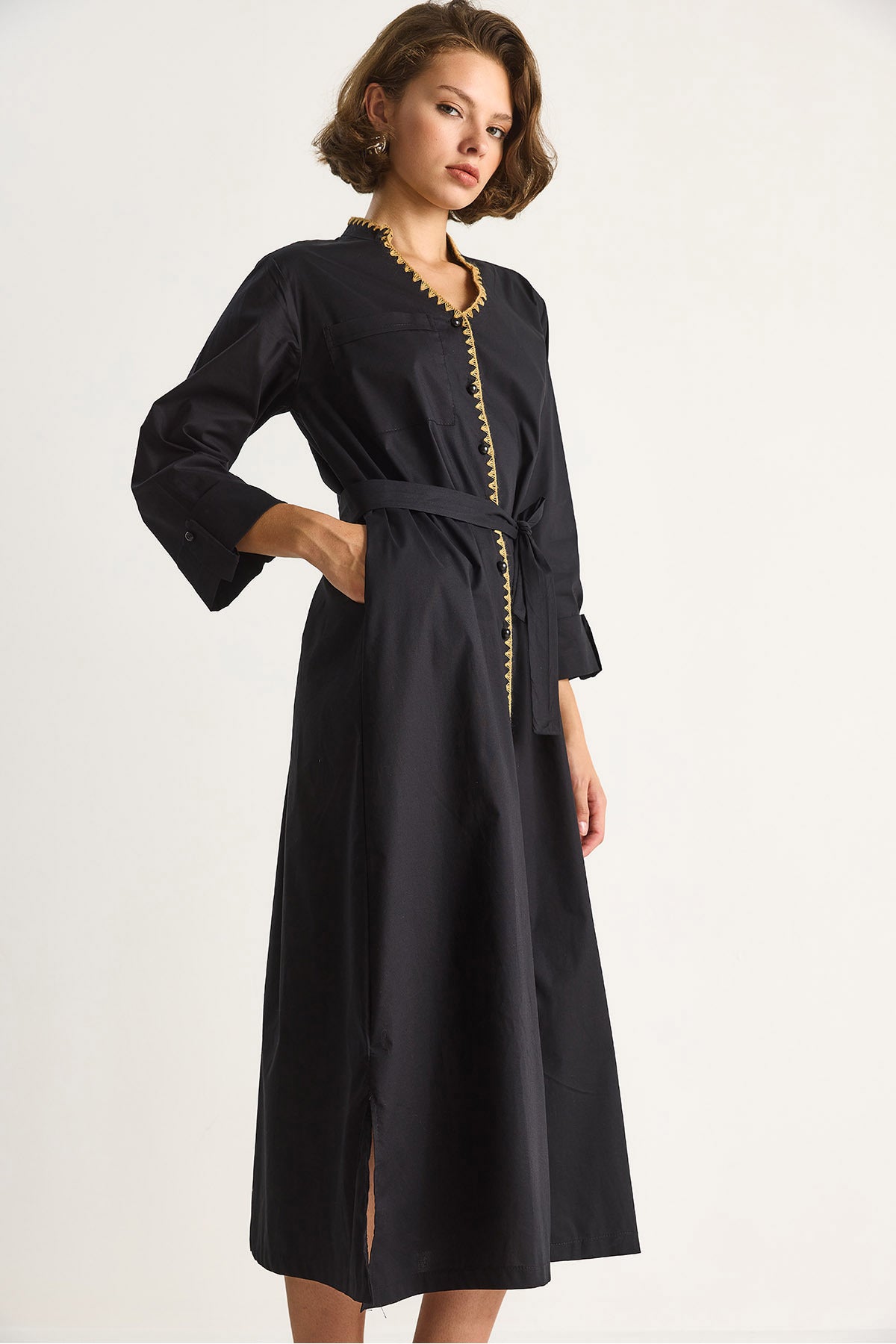 Women's Collar Collar Long Dress with Pocket Detail 60284070