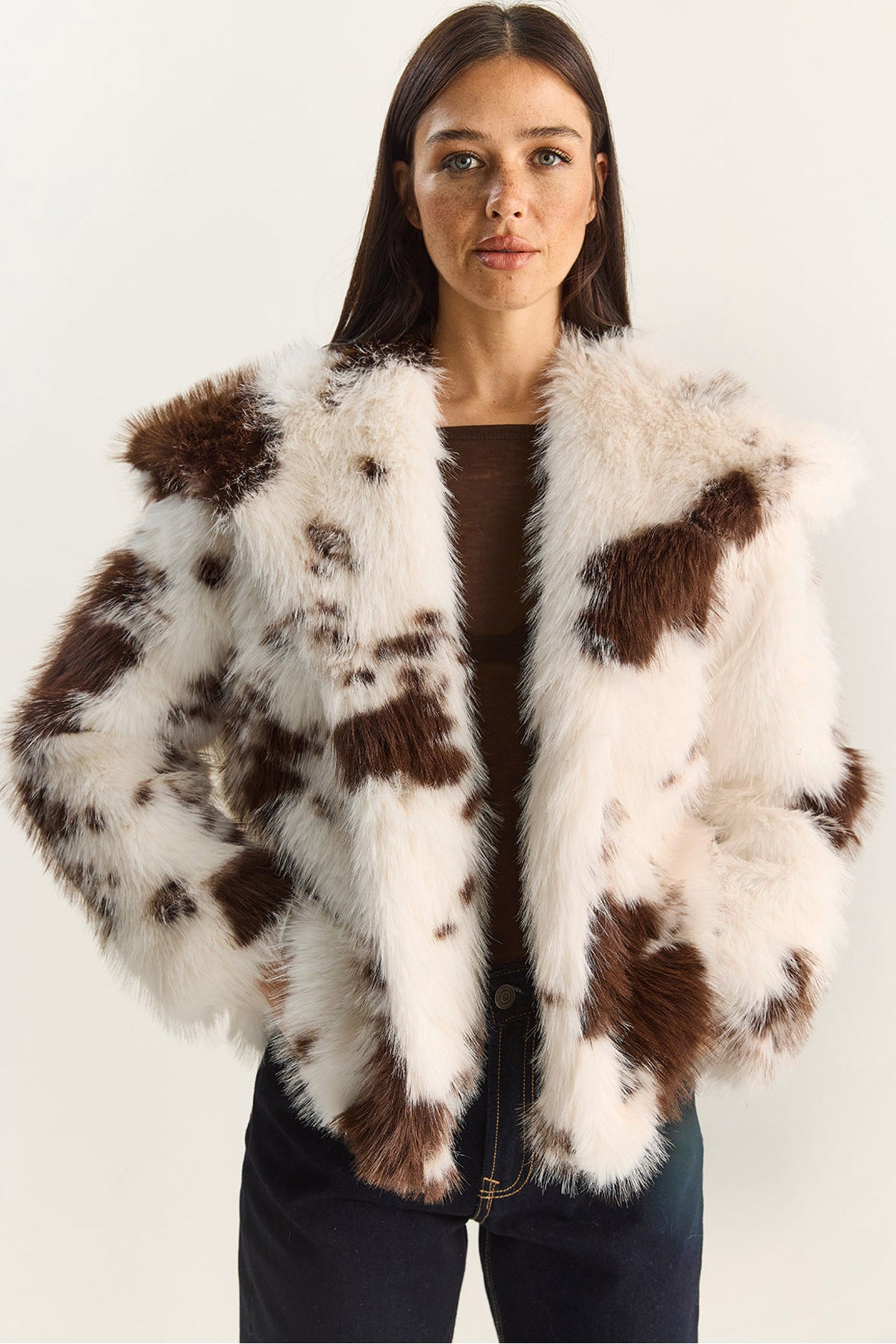 Women's Cow Pattern Lined Faux Fur Jacket 3489 60283866