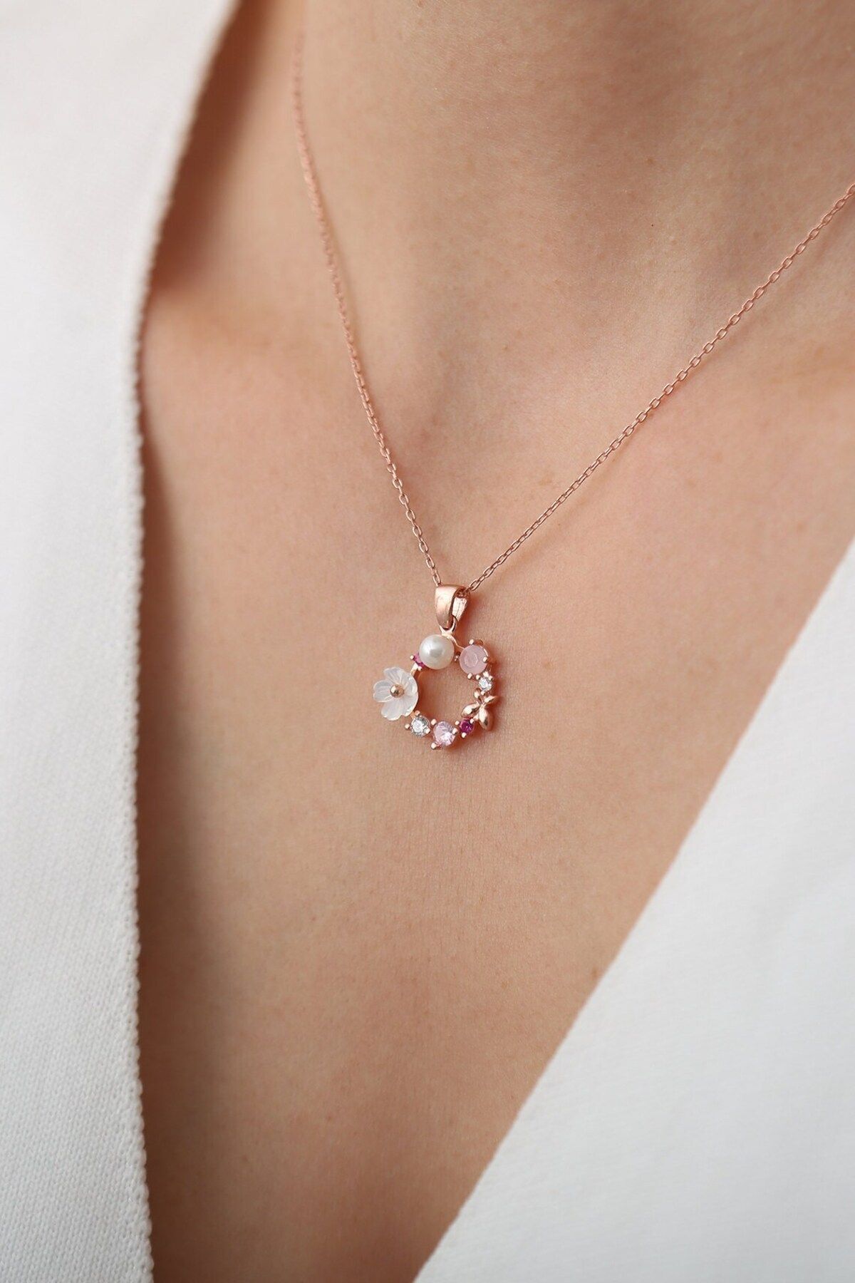 Orchid and colored stone 14 k rose gold -plated women's necklace